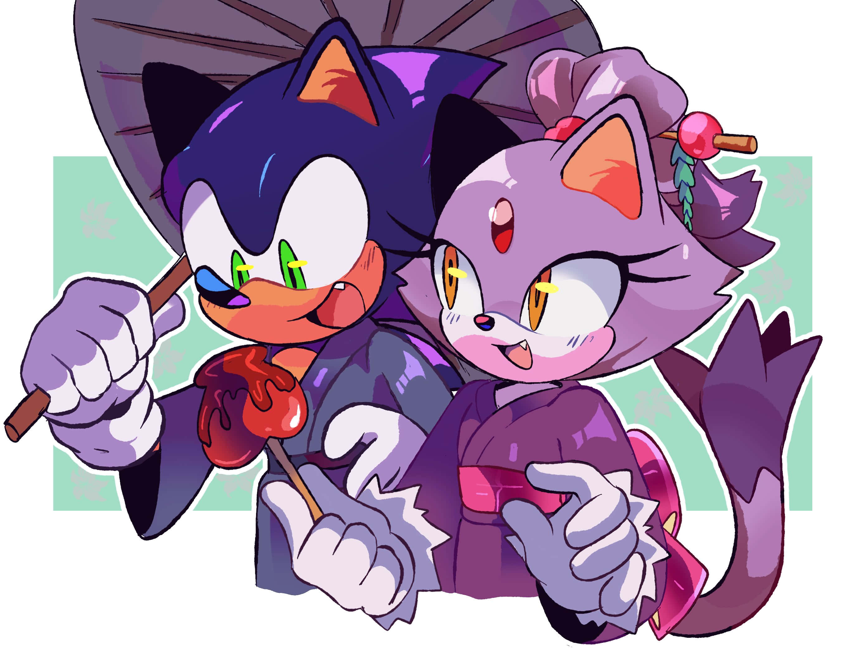 Sonic And Blaze 桌布 壁紙 — Sonic 同紫色貓貓著住和服，喺柔和綠色背景前開心分享糖果。