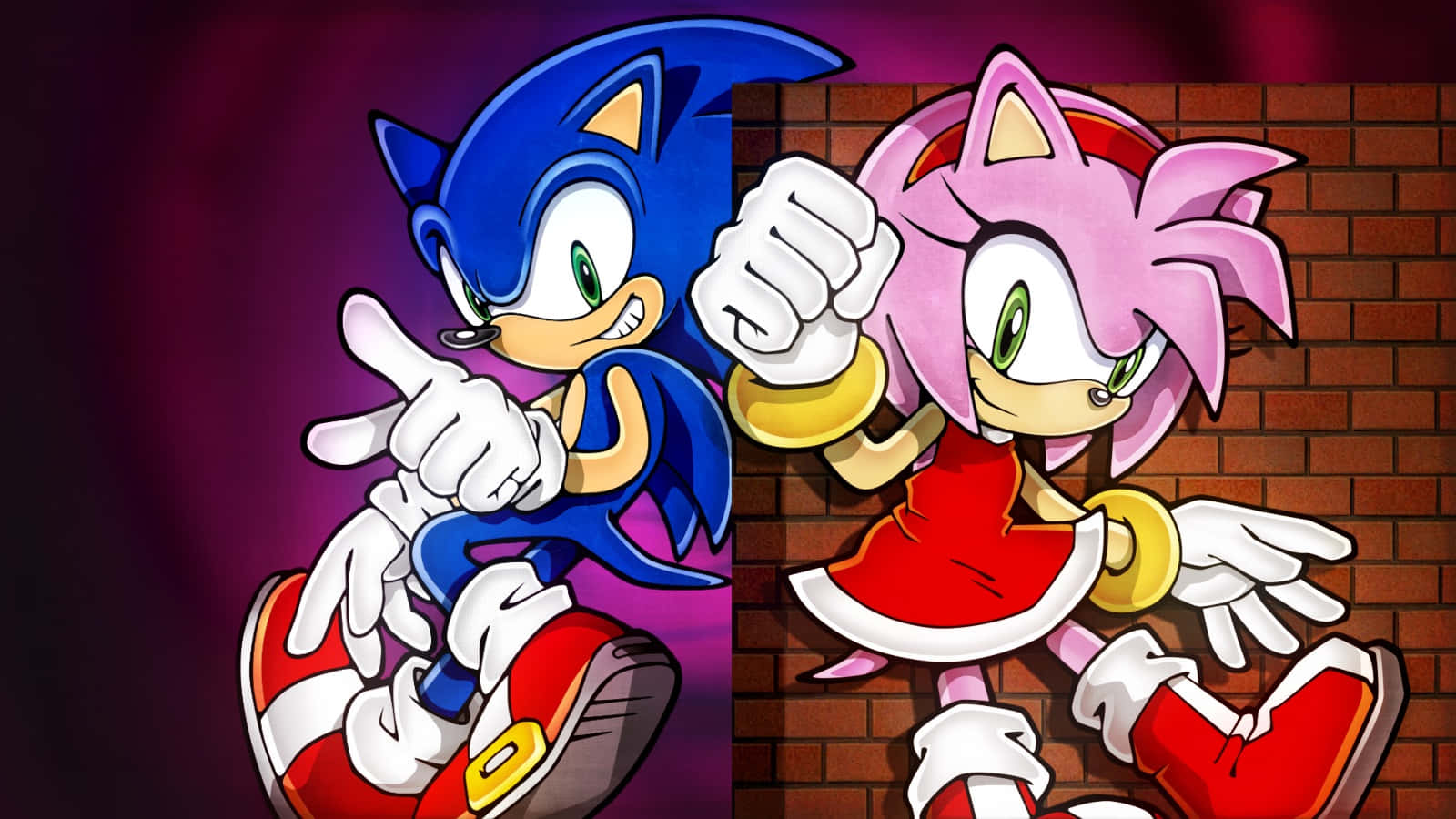 Sonic And Amy 桌布 壁紙 — Sonic 和 Amy Rose 在磚牆背景下自信地擺姿勢，搭配充滿活力的紫色和紅色燈光。