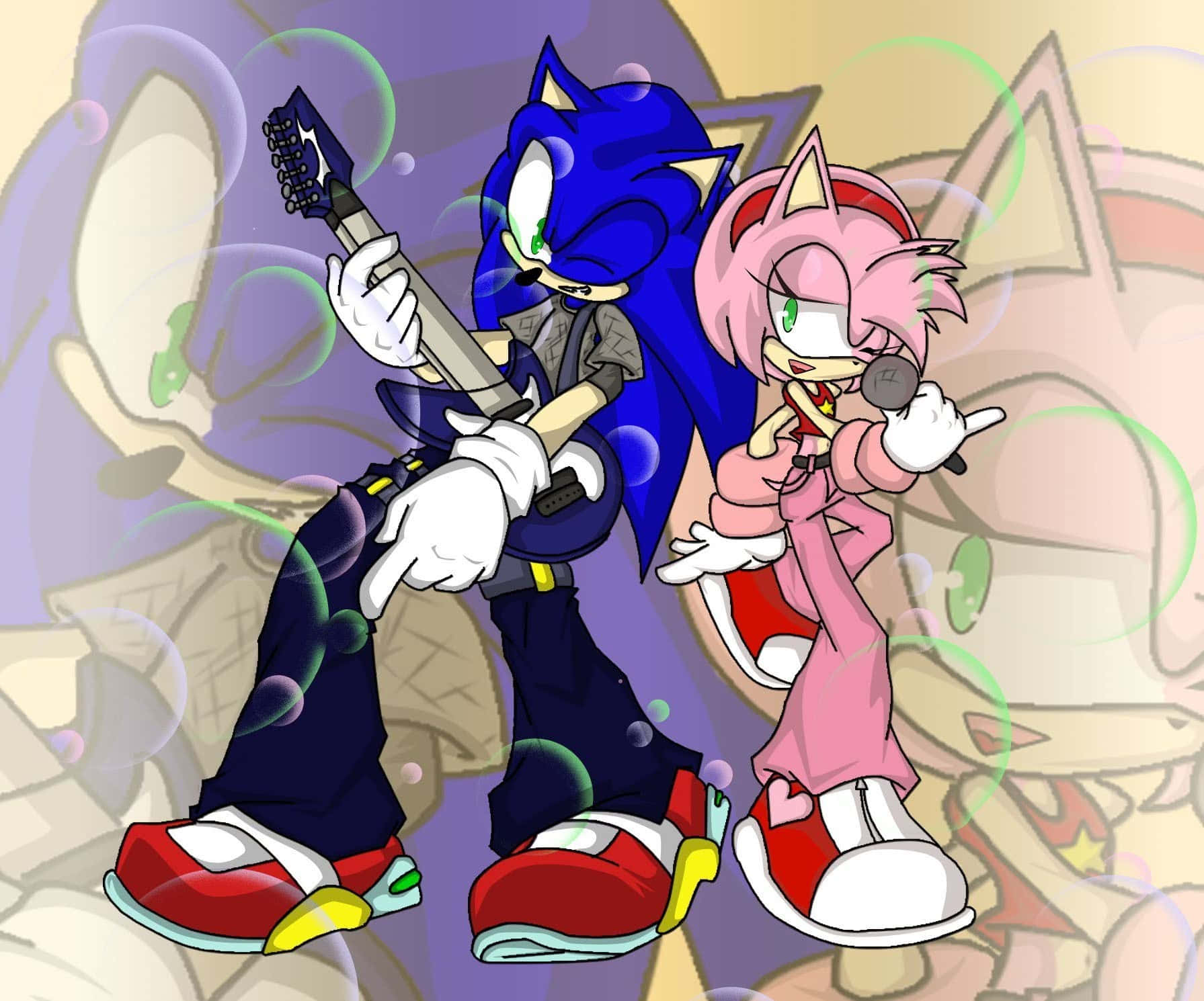 Sonic And Amy 桌布 壁紙 — Sonic 和 Amy Rose 用結他和咪高峰演奏搖滾音樂，周圍漂浮著氣泡，風格鮮明卡通。