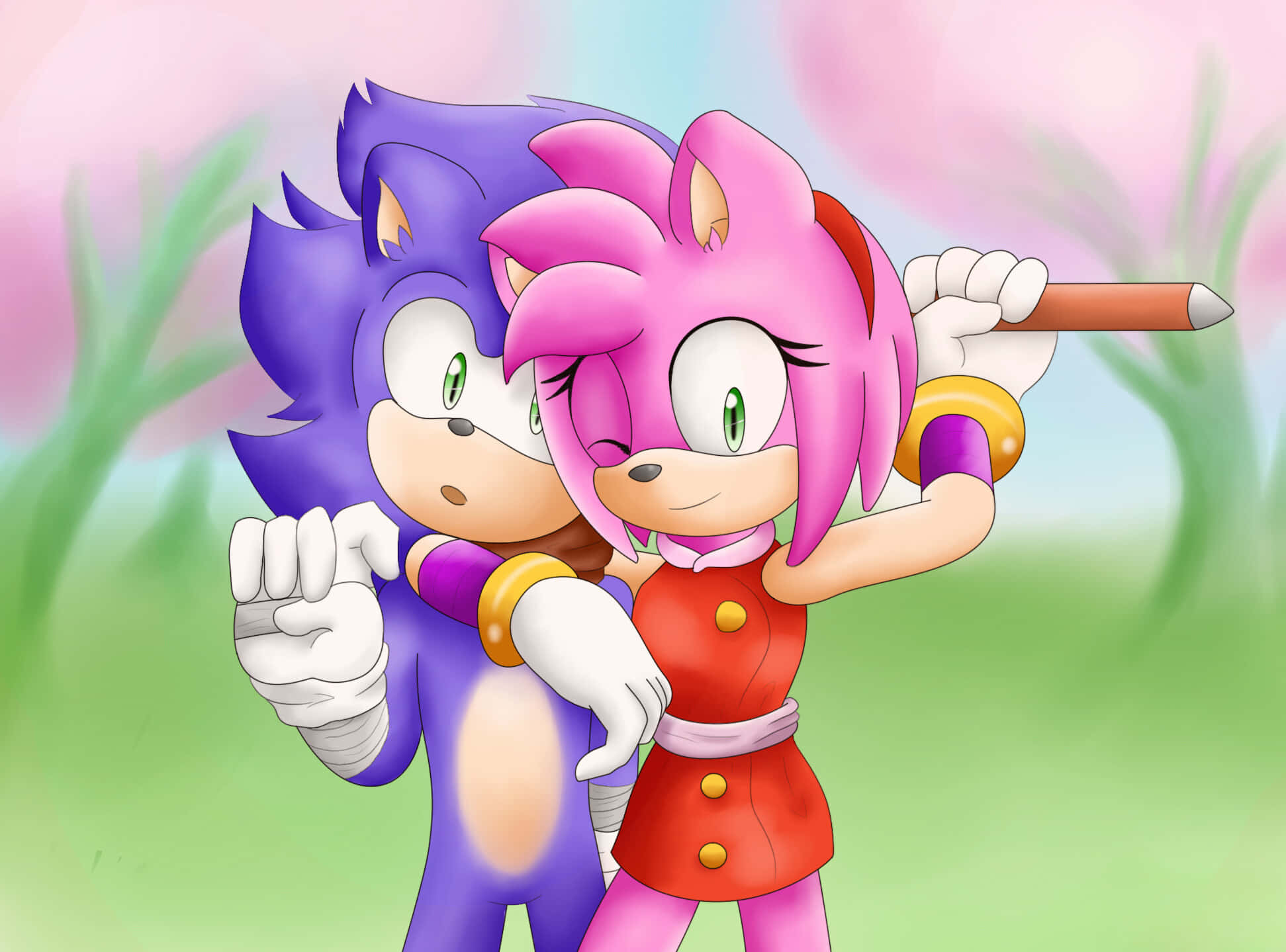Sonic And Amy 桌布 壁紙 — Sonic 和 Amy Rose 在一個充滿活力的花園中擁抱，花園裡有粉紅色的花朵和綠色的草地，在柔和的光線下。