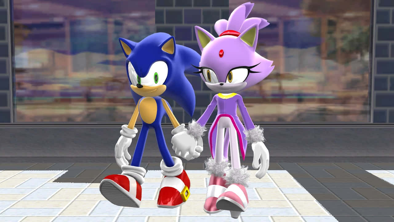 Sonic And Blaze 桌布 壁紙 — Sonic 和 Amy Rose 並肩站在一個鋪滿瓷磚的房間裡，身後是模糊的城市景觀窗戶。