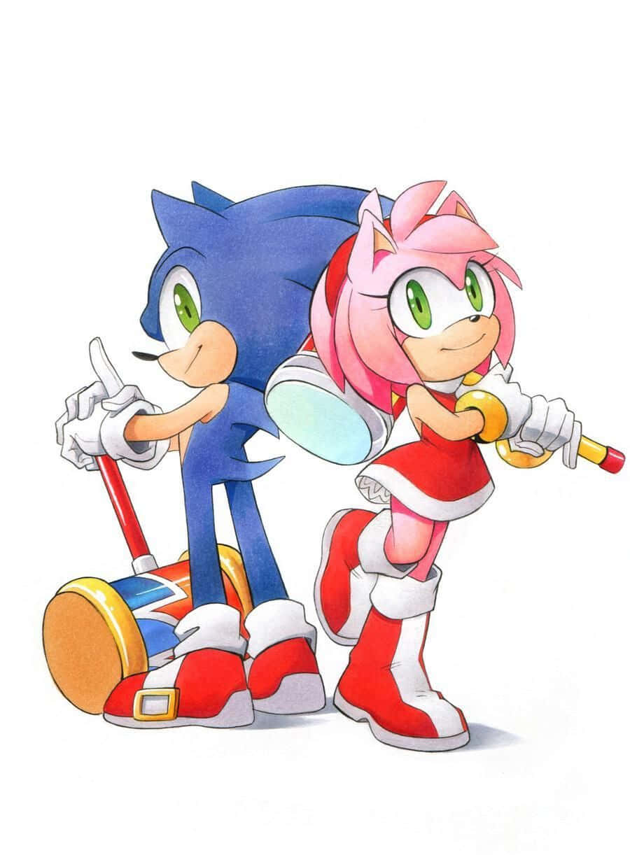 Sonic And Amy 桌布 壁紙 — Sonic 和 Amy Rose 自信地穿著經典服裝，手持標誌性武器，背景為純白色。