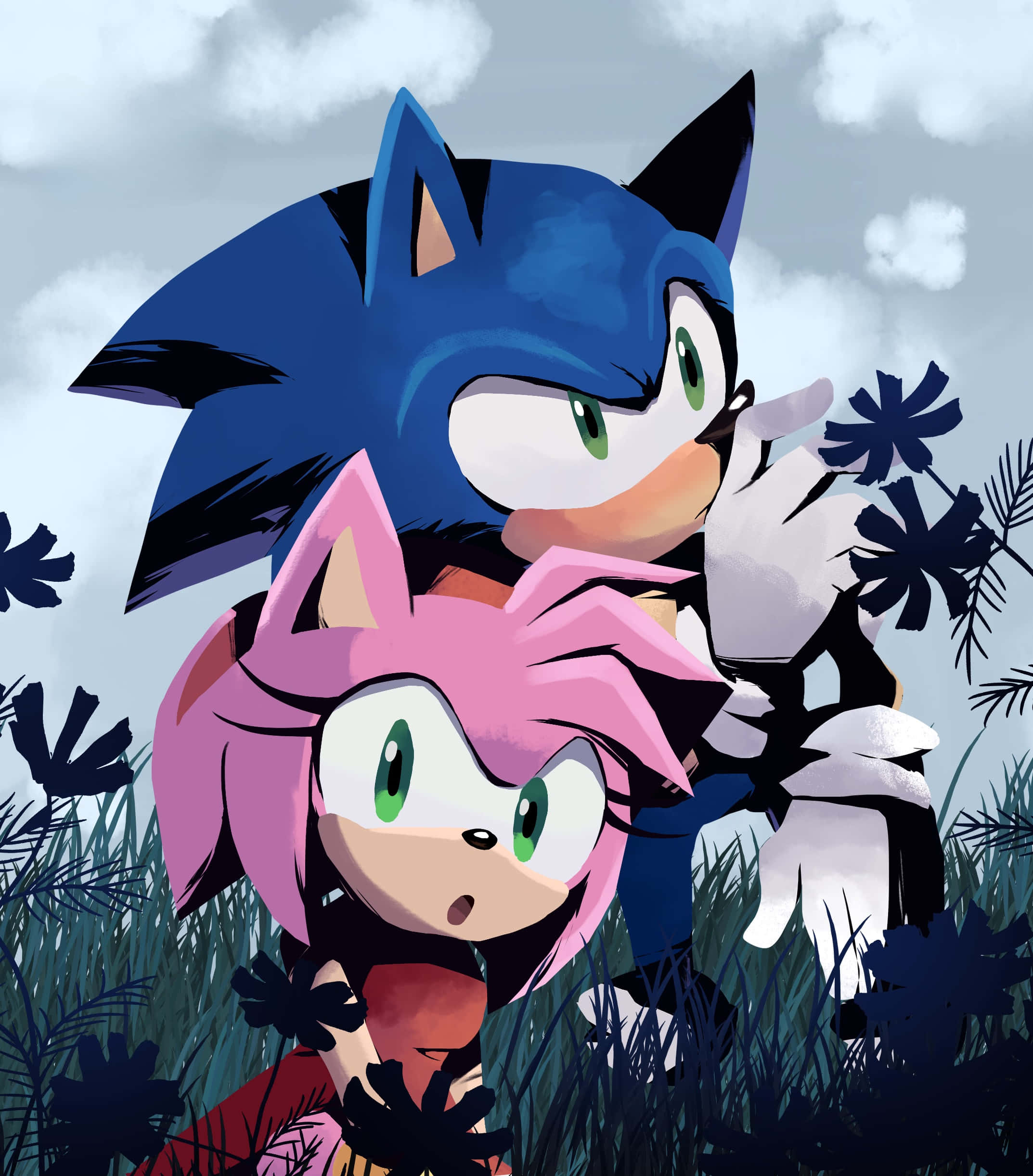 Sonic And Amy 桌布 壁紙 — Sonic 和 Amy Rose 在陰天天空下從深色樹葉後窺視，風格充滿活力的動漫風格。