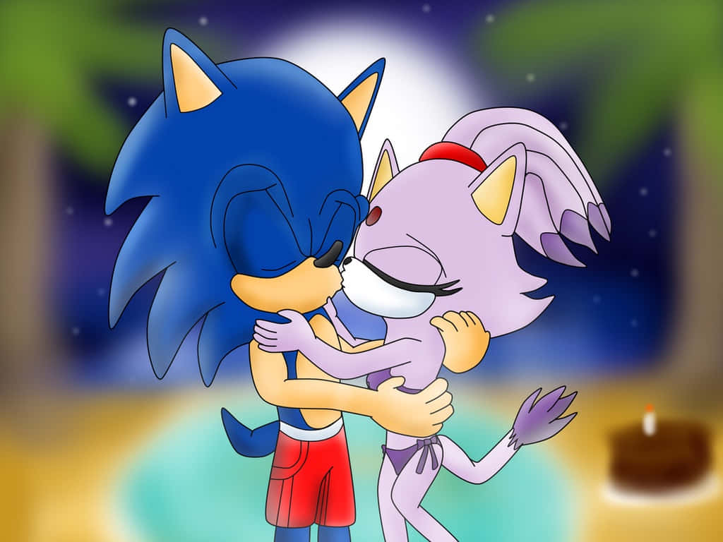 Sonic And Blaze 桌布 壁紙 — Sonic 和 Amy 在星空下溫柔擁抱，附近有點燃的生日蛋糕。