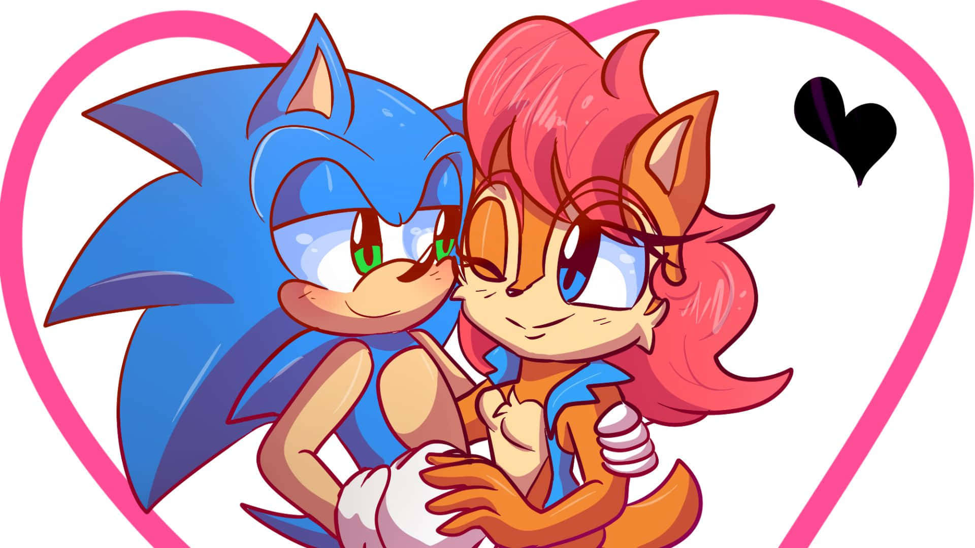 Sonic And Sally 桌布 壁紙 — Sonic 和 Amy 在粉紅色心形框內溫暖地擁抱，附近漂浮著一個黑色心形。