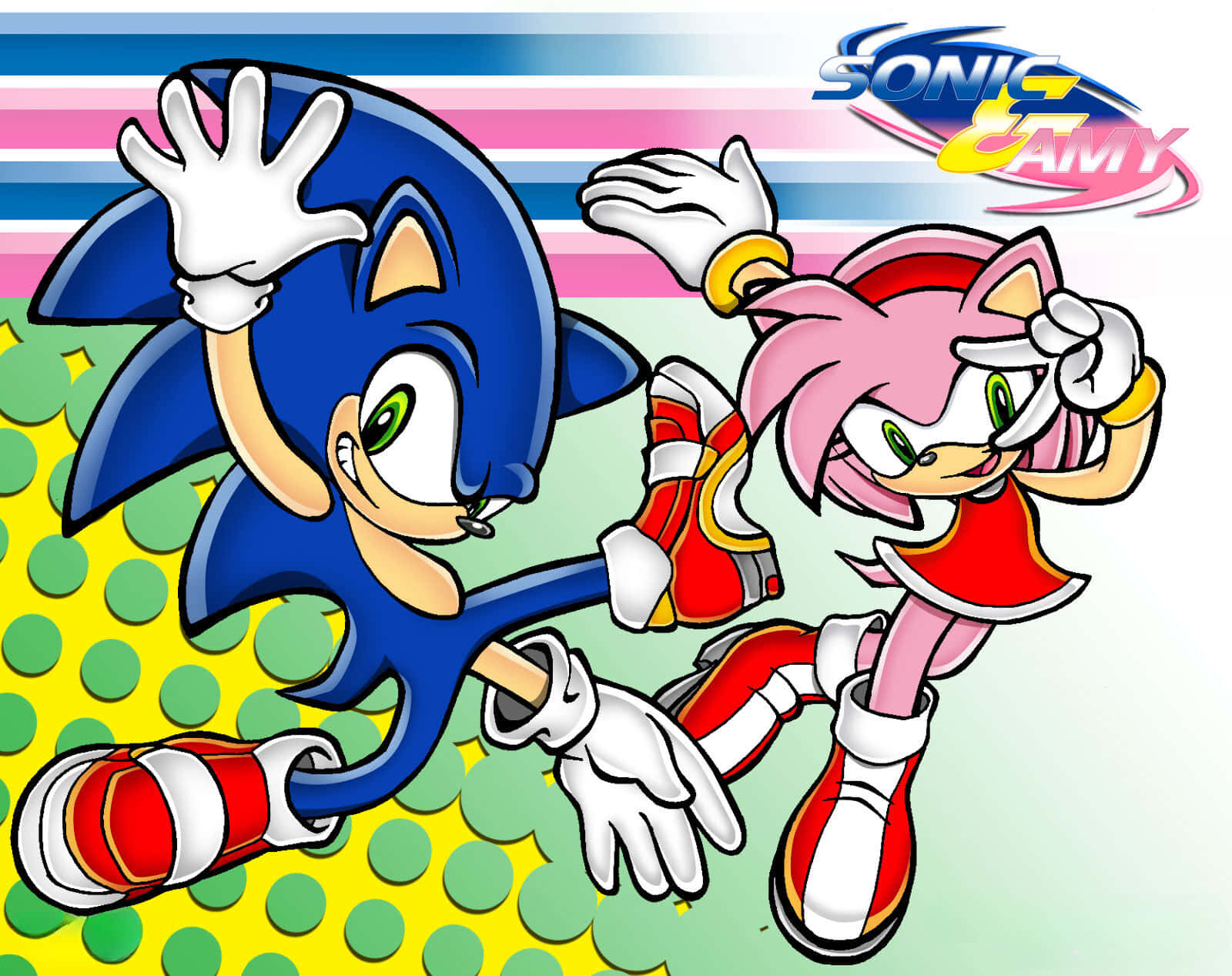 Sonic And Amy 桌布 壁紙 — Sonic 和 Amy 在色彩繽紛的條紋和圓點背景上動態奔跑，帶有 Sonic Amy 標誌。