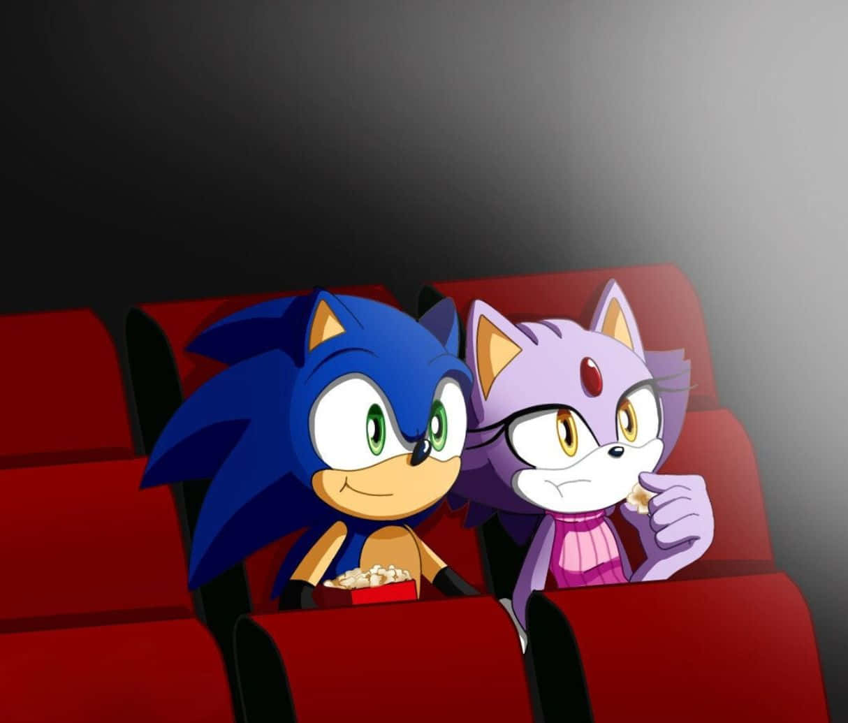 Sonic And Blaze 桌布 壁紙 — Sonic 和 Amy 坐在紅色戲院座位上，在昏暗的戲院燈光下享用爆谷。