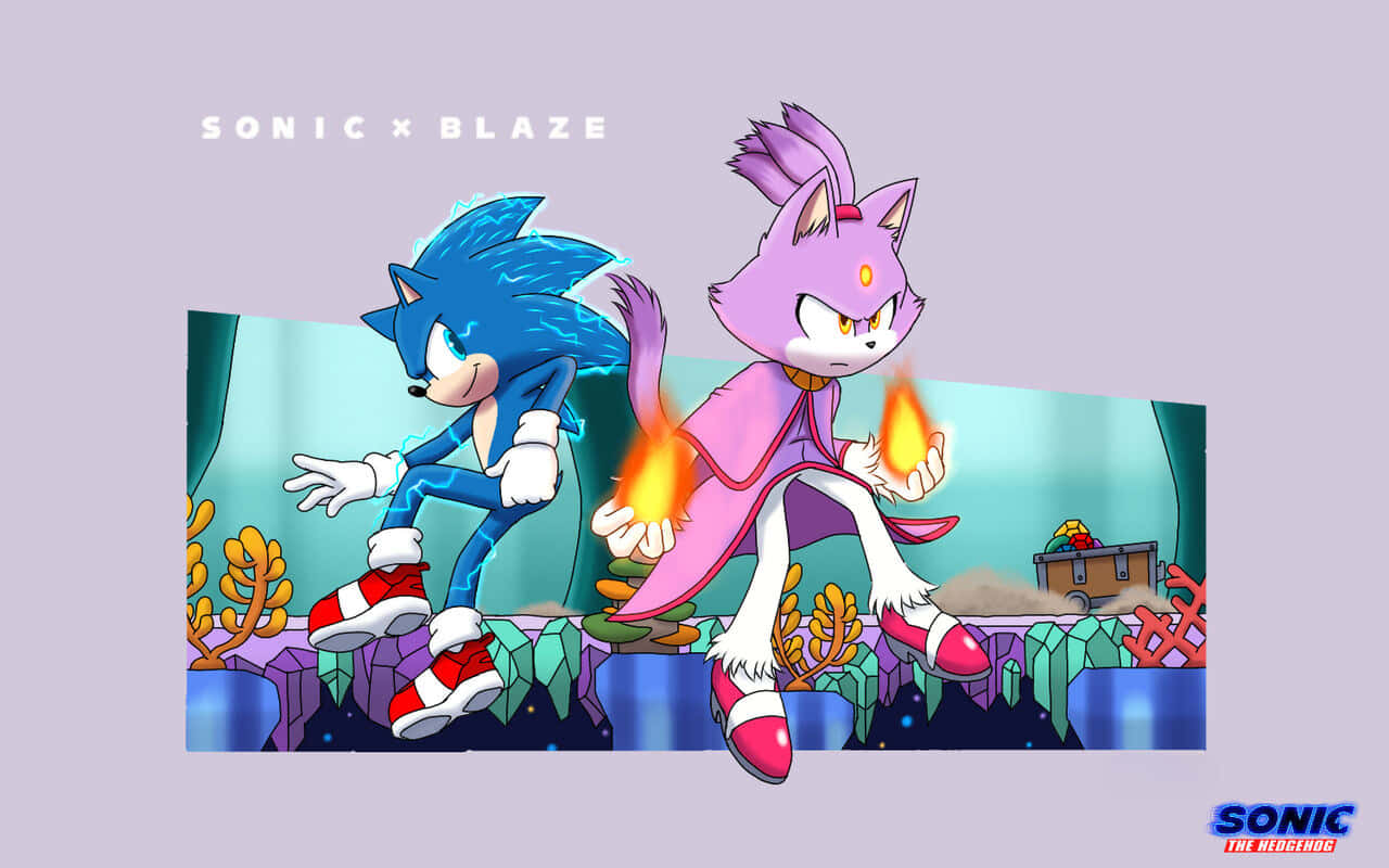 Sonic And Blaze 桌布 壁紙 — Sonic 和 Blaze 在一個充滿活力、有發光水晶和珊瑚的水下洞穴中準備戰鬥。