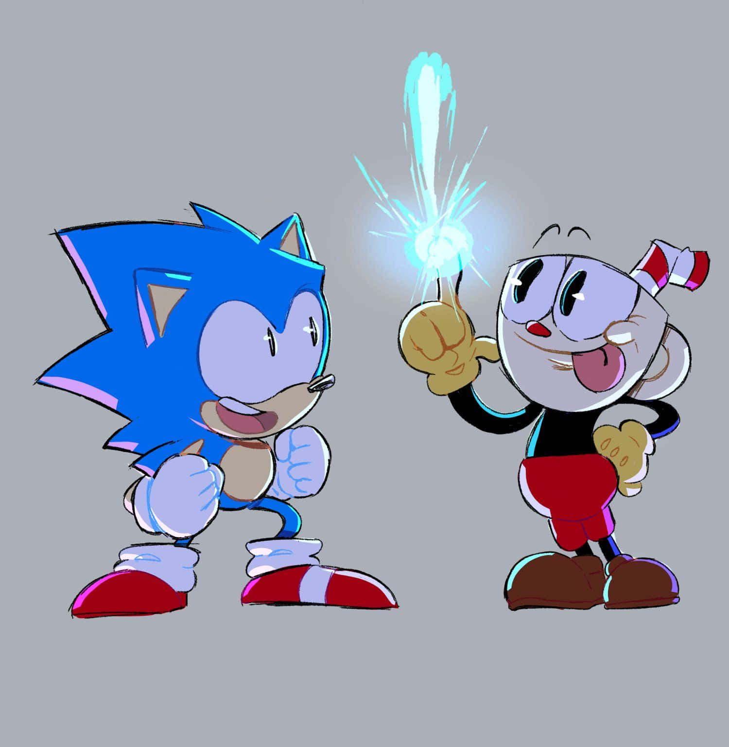 茶杯頭 桌布 壁紙 — Sonic 和 Cuphead 並肩站在純灰色背景前，Cuphead 手持發光的藍色煙花棒。