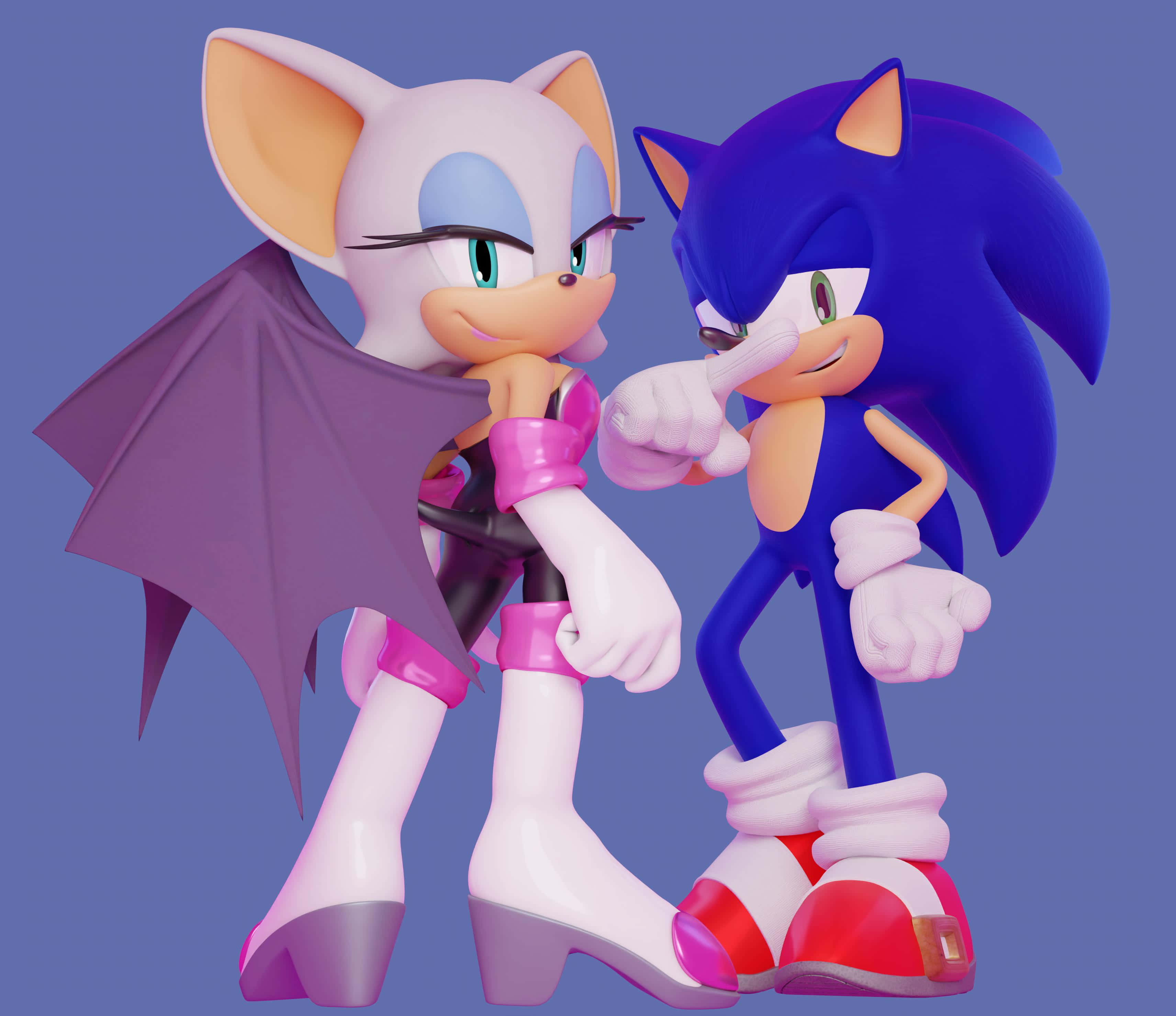 Sonic And Rouge 桌布 壁紙 — Sonic 和 Rouge 在純藍色背景前以俏皮的姿勢自信地站立。
