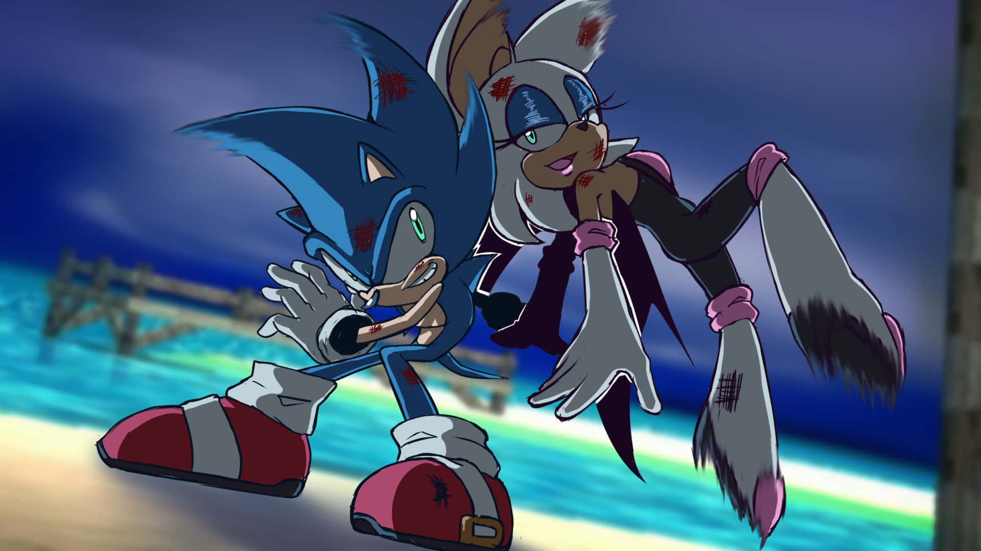 Sonic And Rouge 桌布 壁紙 — Sonic 和 Rouge 在黃昏時一起站在沙灘上，身上有明顯的傷口和血跡。