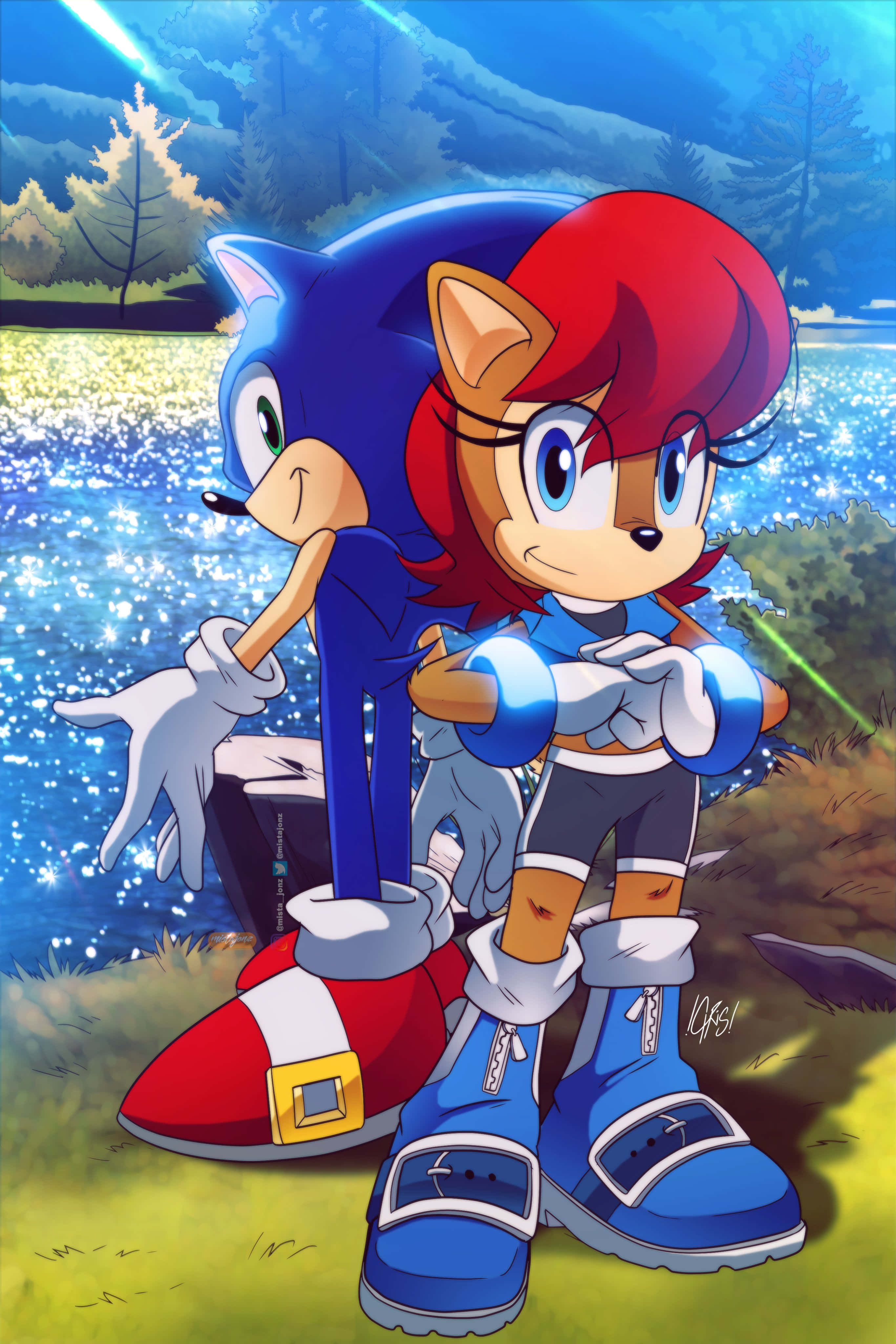 Sonic And Sally 桌布 壁紙 — Sonic 和 Sally 一起站在一個充滿活力的森林空地中，身後有閃閃發光的水和發光的樹木。