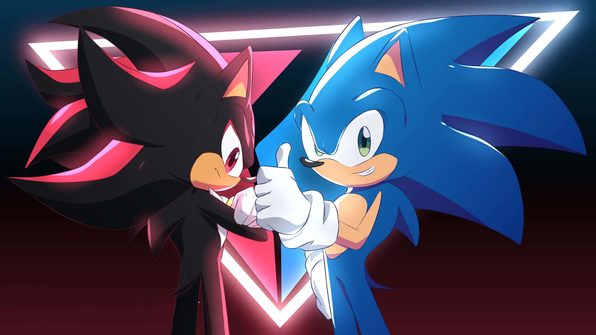 Sonic And Shadow 桌布 壁紙 — Sonic 和 Shadow 並肩站在霓虹燈場景中，背後有發光的幾何形狀。