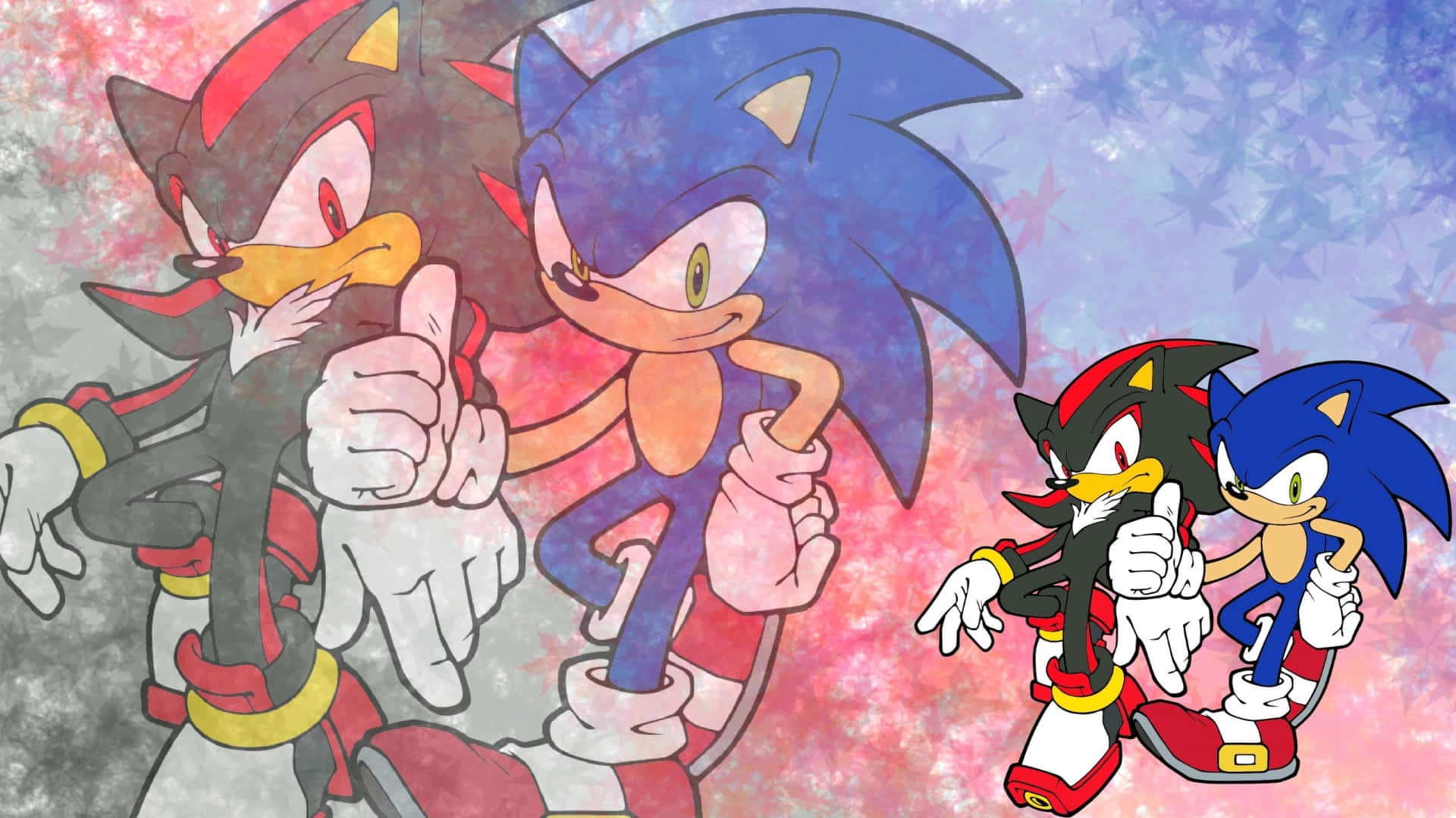 Sonic Adventure HD 桌布 壁紙 — Sonic 和 Shadow 在充滿活力的水彩風格動畫場景中豎起大拇指，背景為粉紅色和藍色宇宙。