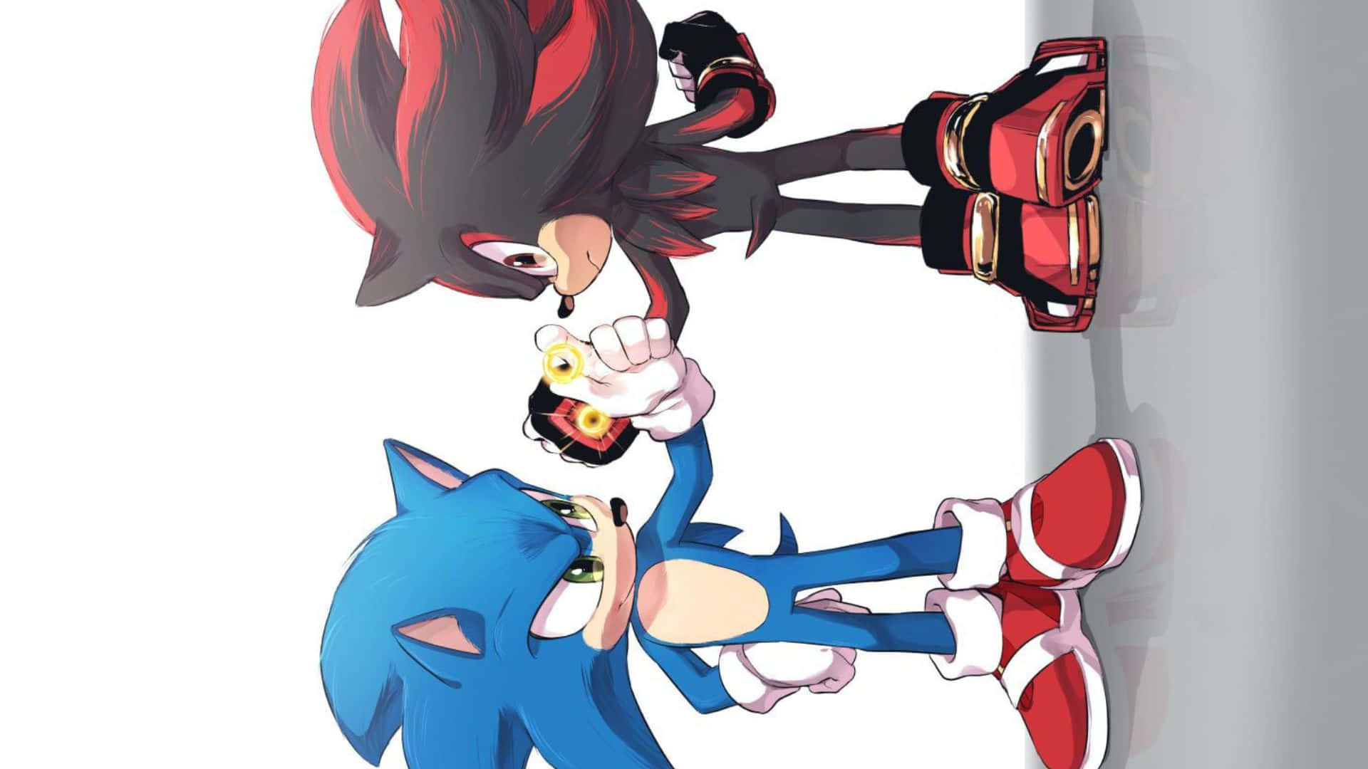 Sonic And Shadow 桌布 壁紙 — Sonic 和 Shadow 在純白背景前以動態動漫風格姿勢對峙。