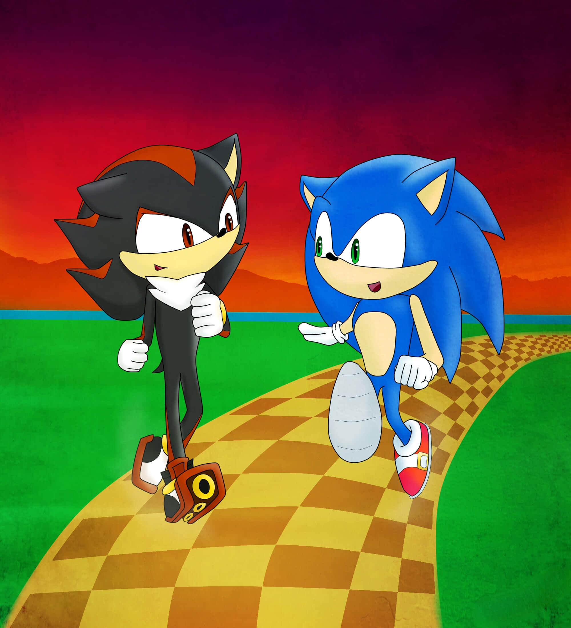 Sonic And Shadow 桌布 壁紙 — Sonic 和 Shadow 在火紅的夕陽天空下，並肩奔跑在棋盤格路徑上。