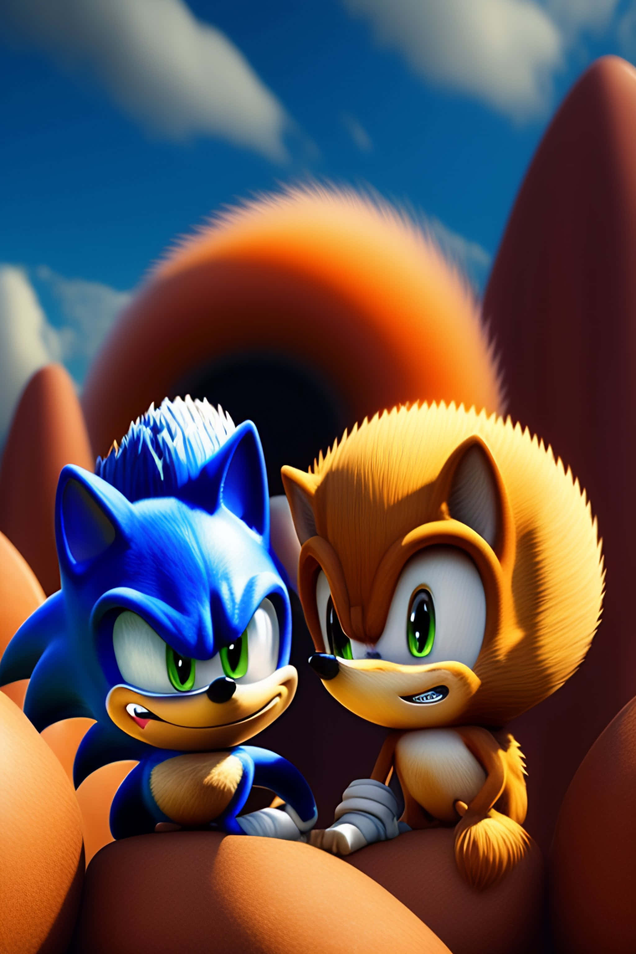 Sonic And Tails 桌布 壁紙 — Sonic 和 Tails 一起坐在一個巨大的橙色環上，背景是明亮的藍天和蓬鬆的雲朵。