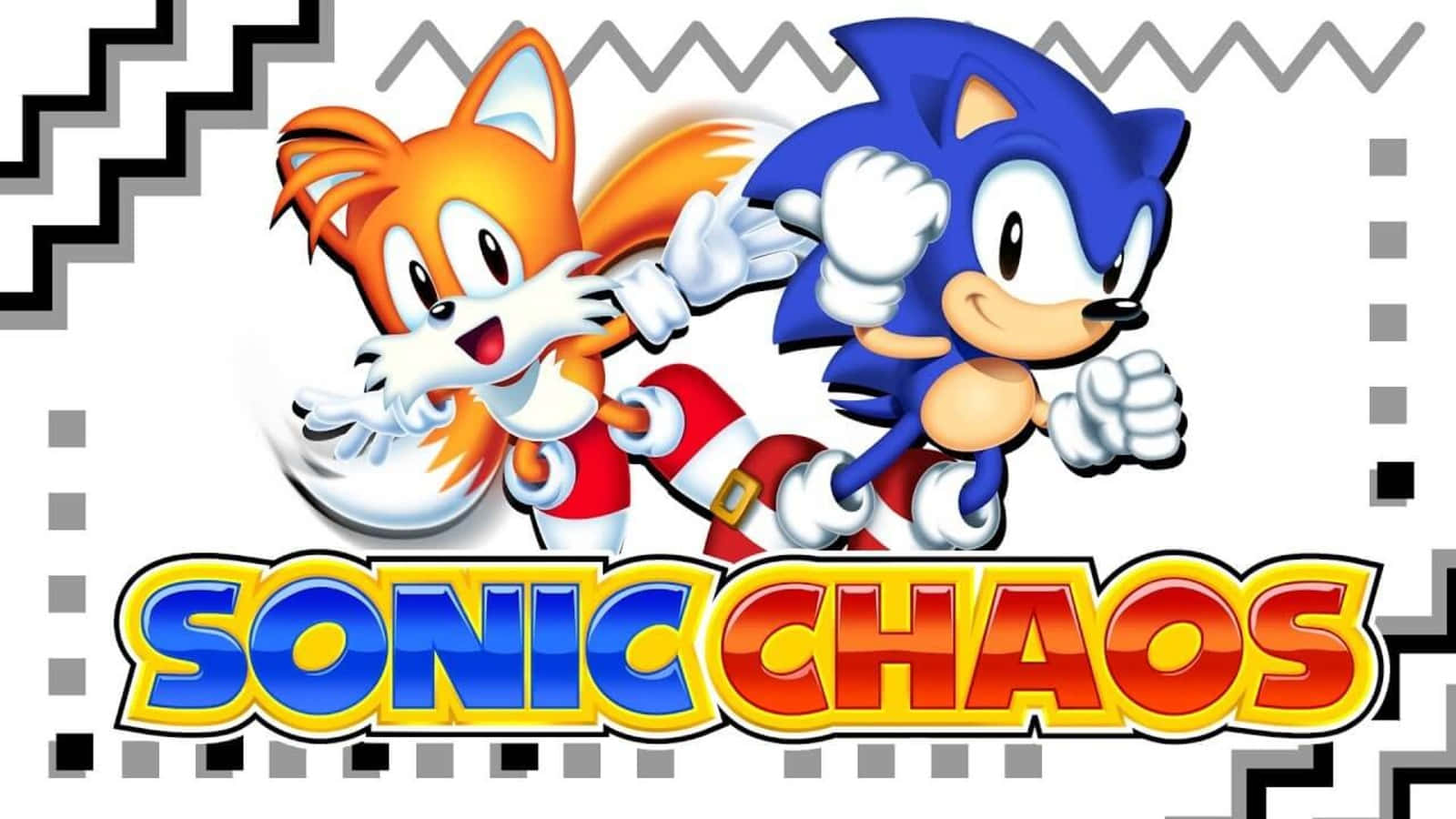 Sonic Chaos 桌布 壁紙 — Sonic 和 Tails 在一個充滿活力的遊戲標誌中動態競賽，採用大膽的漫畫風格藝術和鋸齒邊框。
