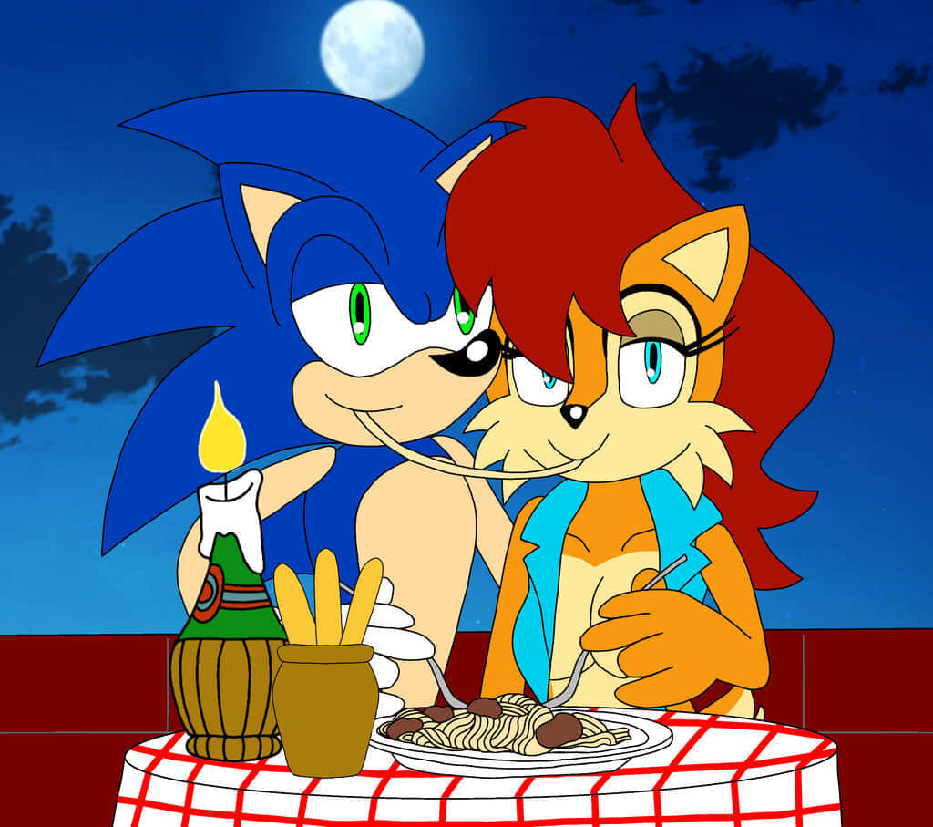 Sonic And Sally 桌布 壁紙 — Sonic 和 Tails 在滿月下共享浪漫燭光晚餐，有意大利麵和麵包棒。