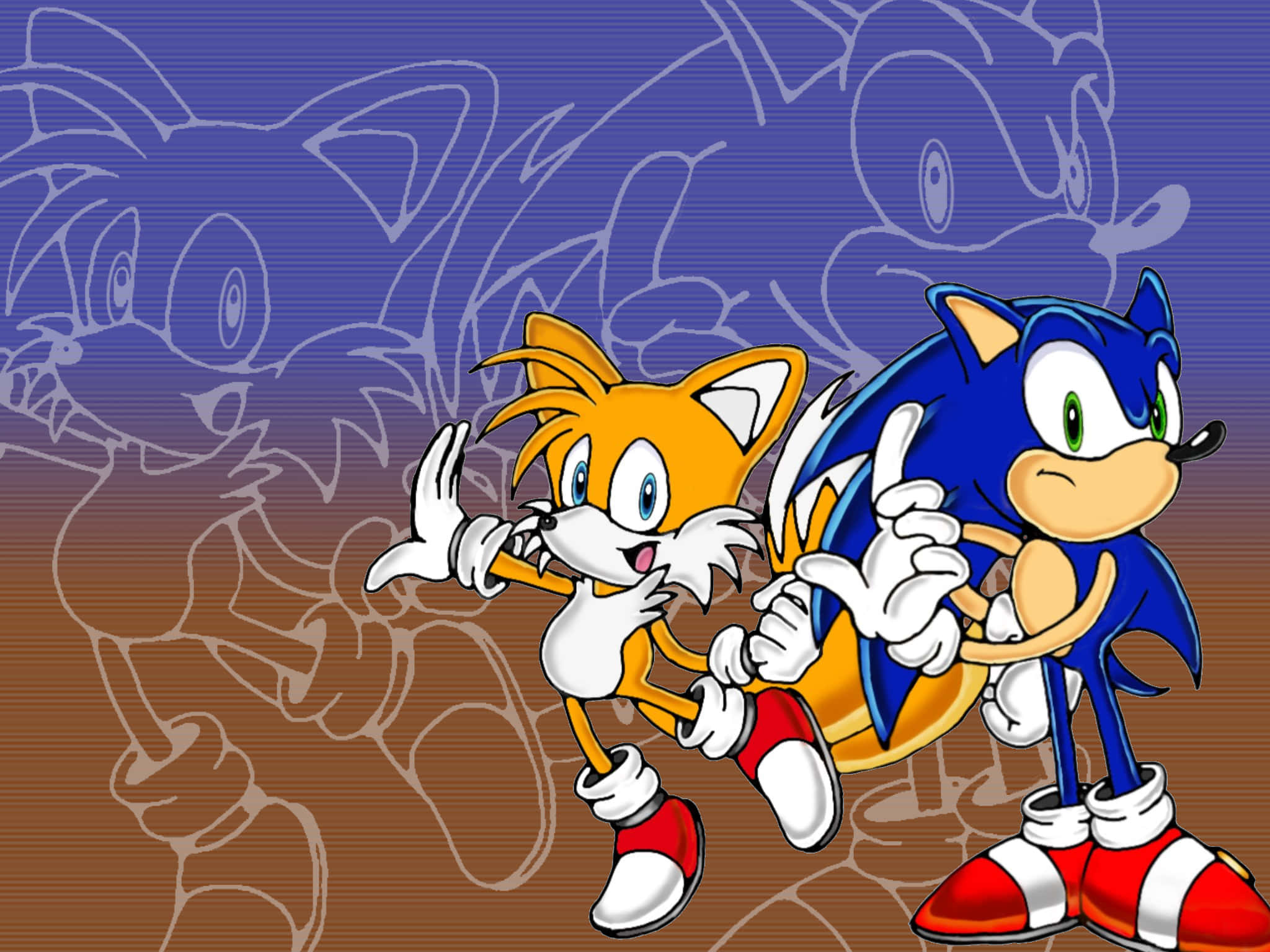 Sonic And Tails 桌布 壁紙 — Sonic 和 Tails 在藍色和棕色漸變背景上動態擺姿勢，帶有模糊的角色輪廓。