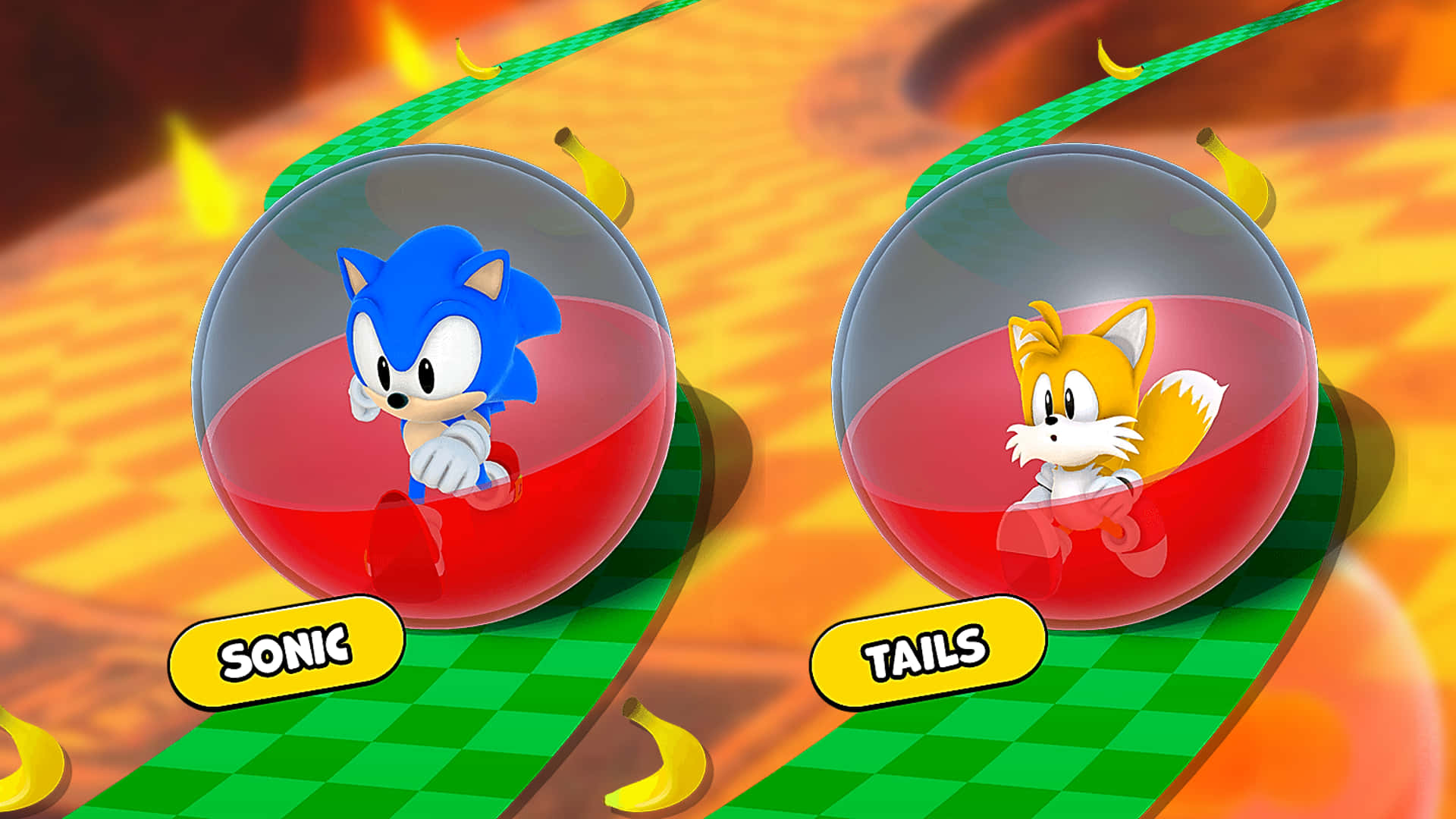 Sonic And Tails 桌布 壁紙 — Sonic 和 Tails 在透明氣泡中沿著綠色格子賽道飛馳，香蕉飛過。