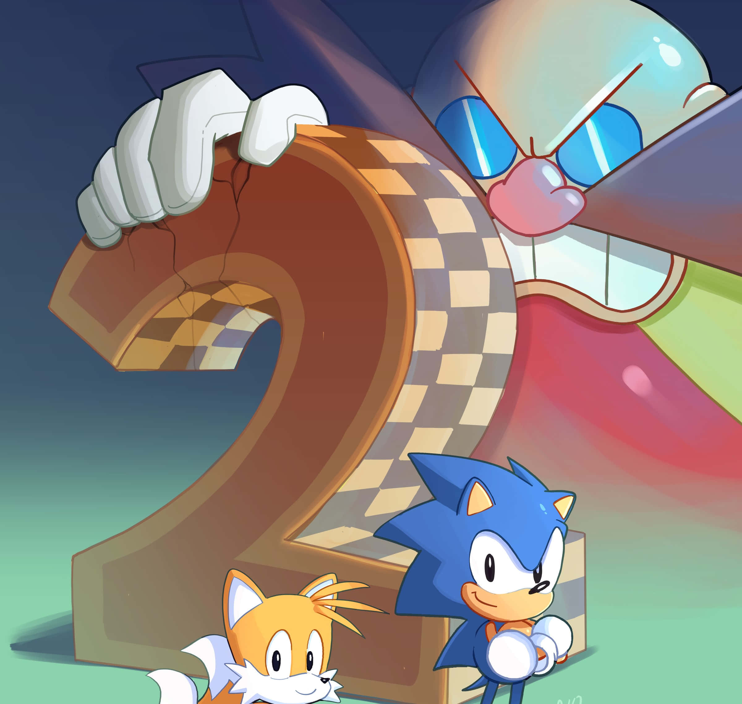 Sonic And Tails 桌布 壁紙 — Sonic 和 Tails 站在一個巨大的裂開的數字二前面，由一個藍眼睛紅嘴唇的威脅性小丑般的人物拿著。
