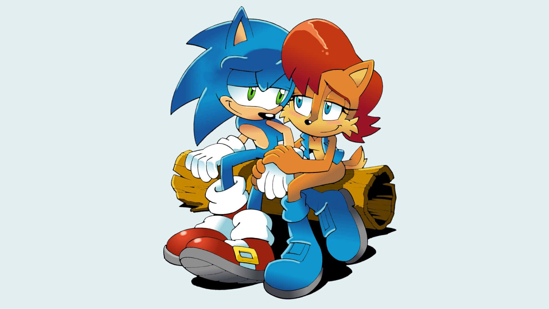 Sonic And Sally 桌布 壁紙 — Sonic 和 Tails 緊貼著坐在一根木頭上，表情頑皮，背景是純淺藍色。