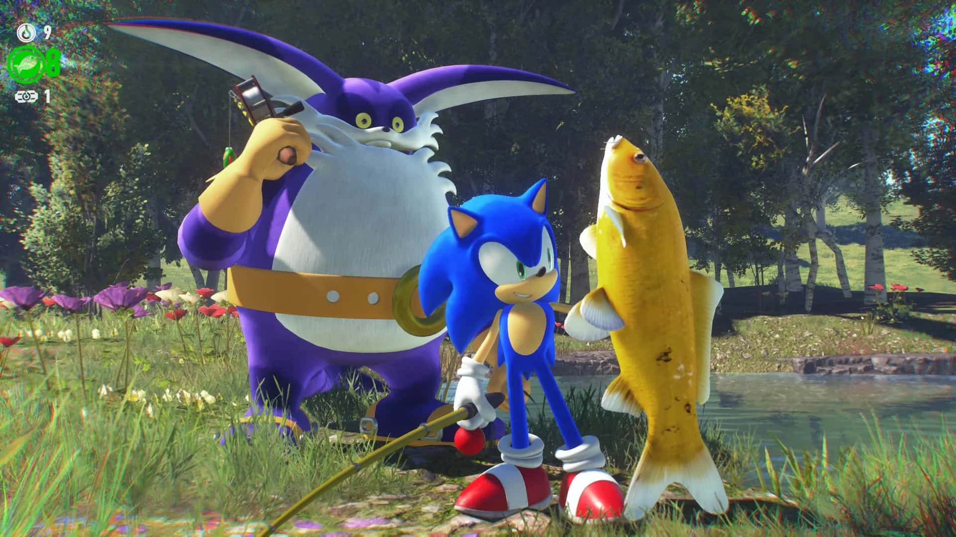 Big The Cat 桌布 壁紙 — Sonic 和一隻紫色兔仔角色自豪地展示在陽光明媚的草地上釣魚時捕獲的一條巨大黃魚。