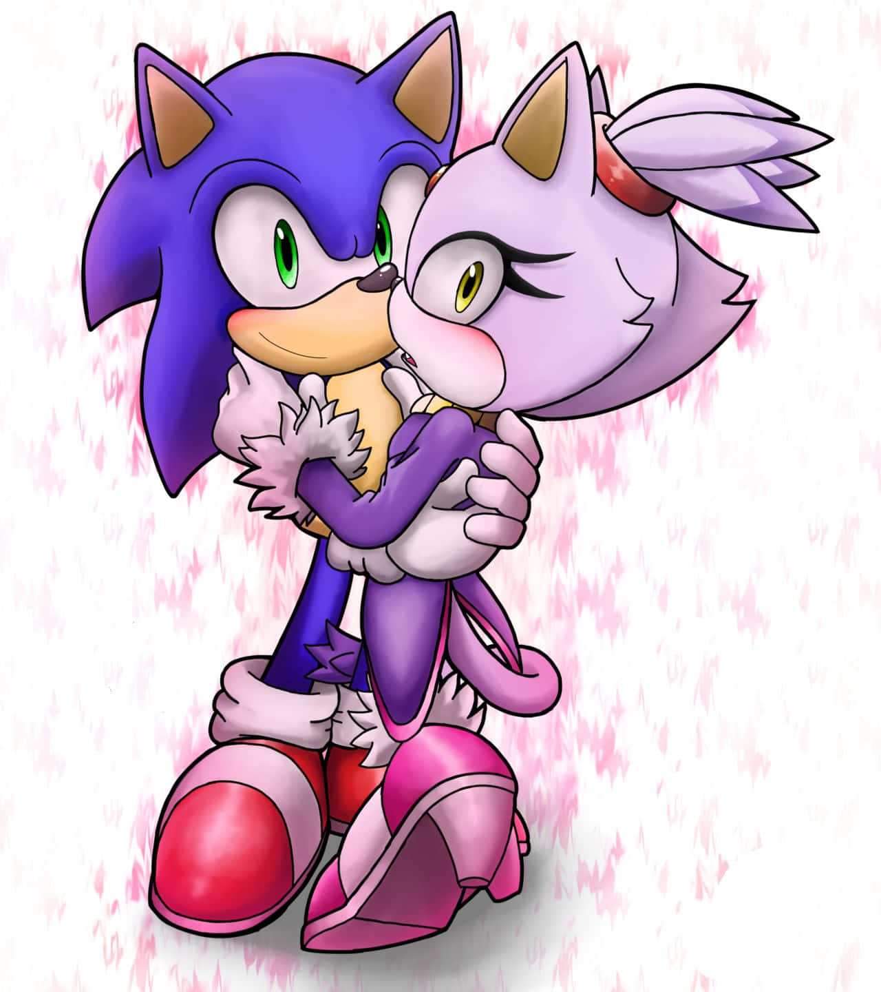 Sonic And Blaze 桌布 壁紙 — Sonic 和一隻紫色狐狸在柔軟的粉紅色紋理背景中溫暖地擁抱。