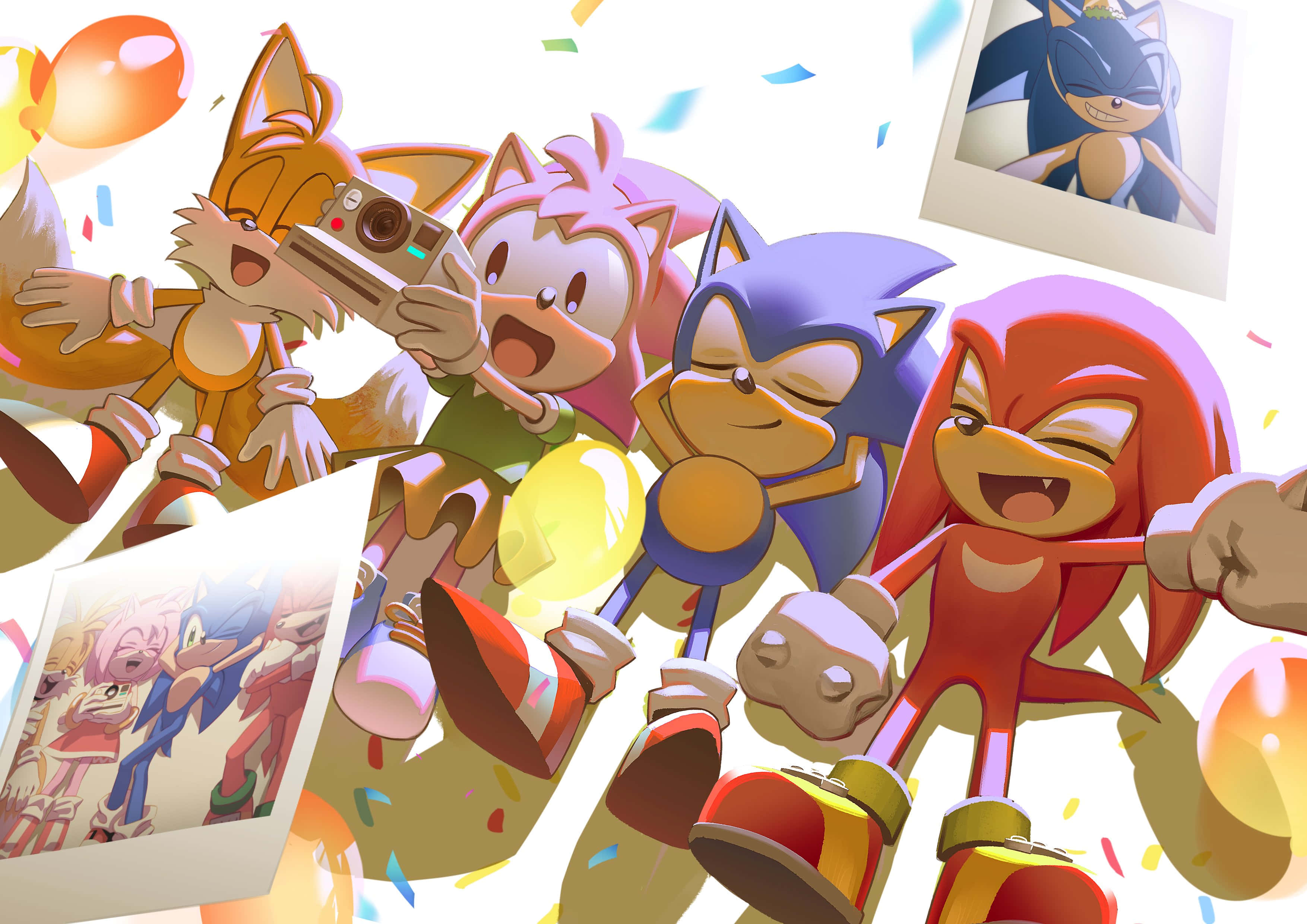 Sonic And Tails 桌布 壁紙 — Sonic 和朋友們在明亮歡樂的場景中用五彩紙屑氣球和寶麗來照片慶祝。