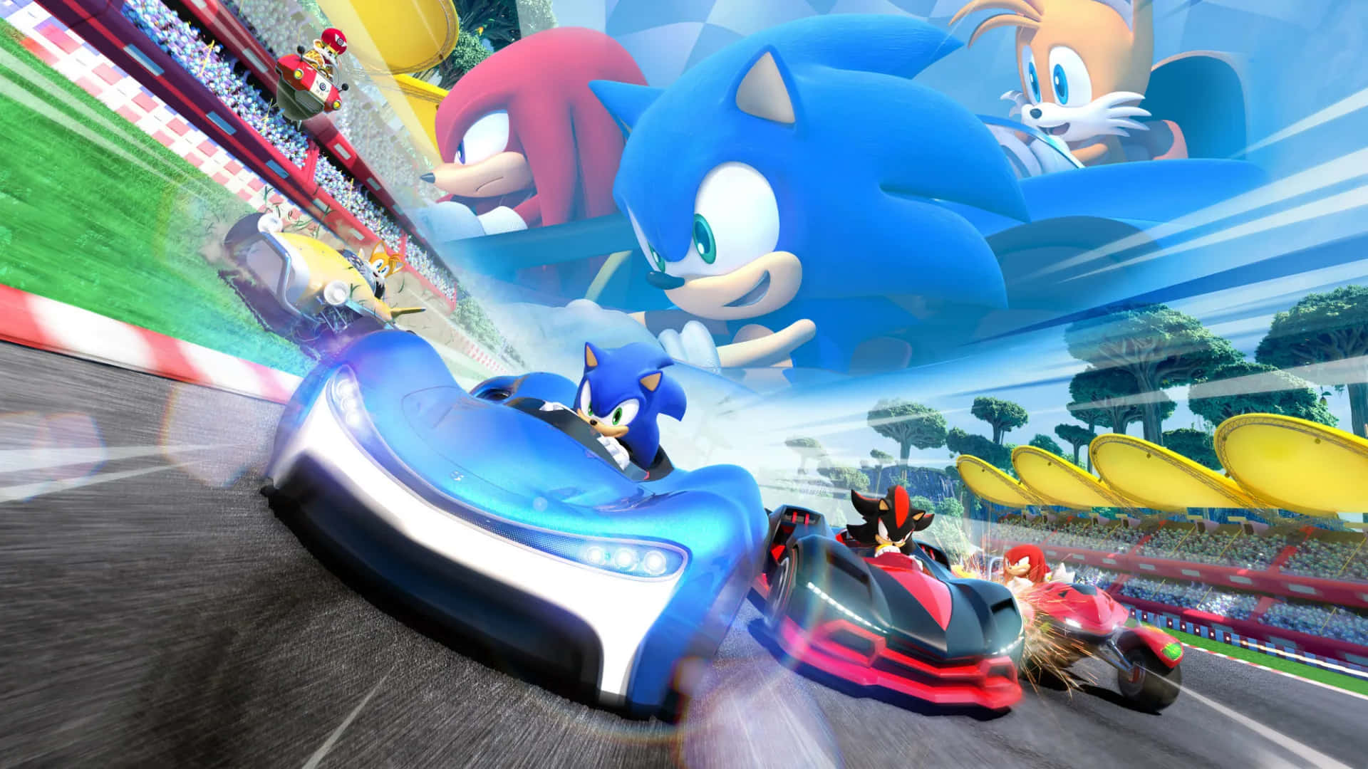 Sonic Characters 桌布 壁紙 — Sonic 和朋友們在陽光明媚的賽道上，駕駛充滿活力的未來風格卡丁車，伴隨著歡呼的人群和浮動平台競速。
