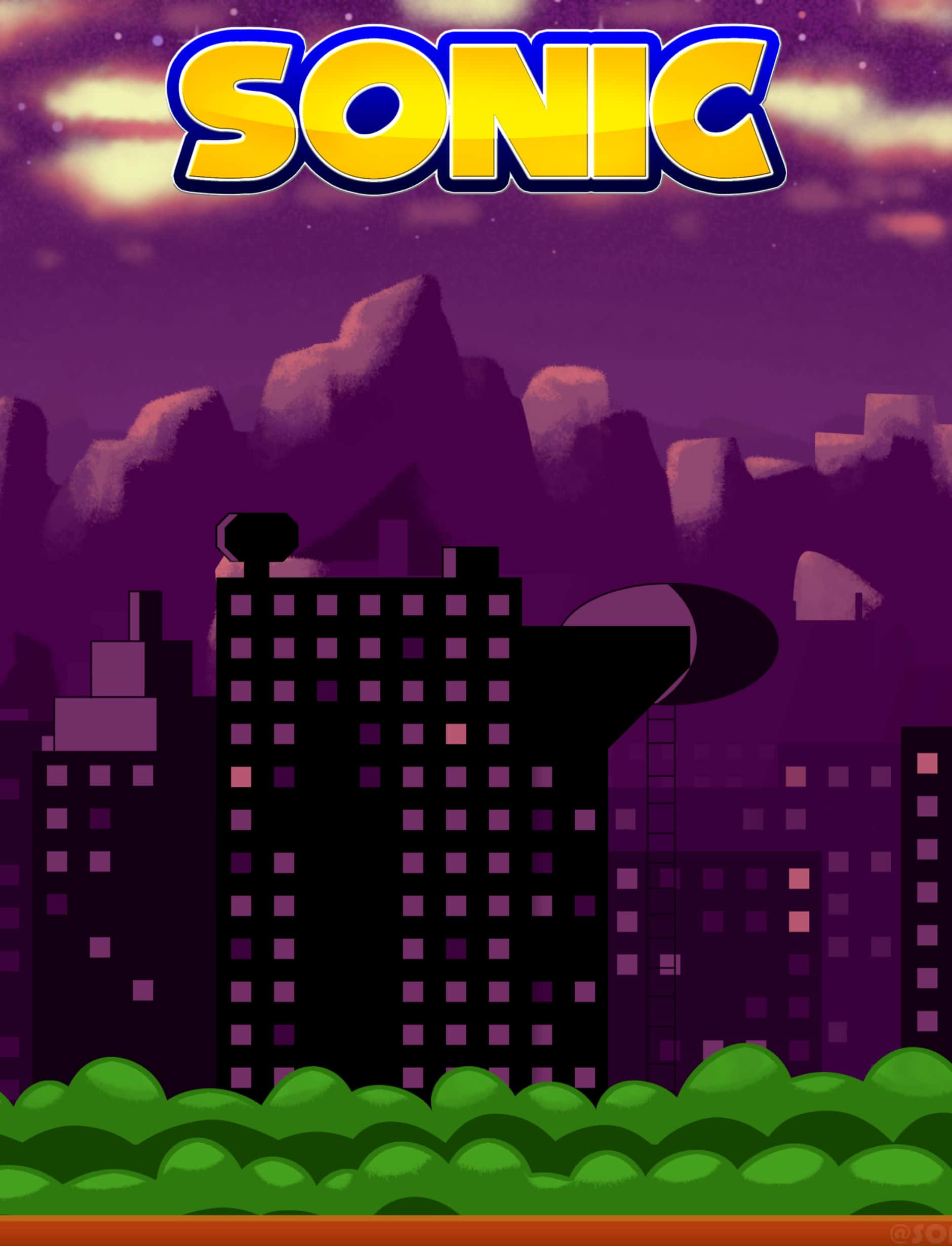 Sonic Spring Yard Zone 桌布 壁紙 — Sonic 標誌在風格化的紫色城市景觀上方發光，城市景觀包括像素化建築和綠色灌木，背景是星光燦爛的黃昏天空。