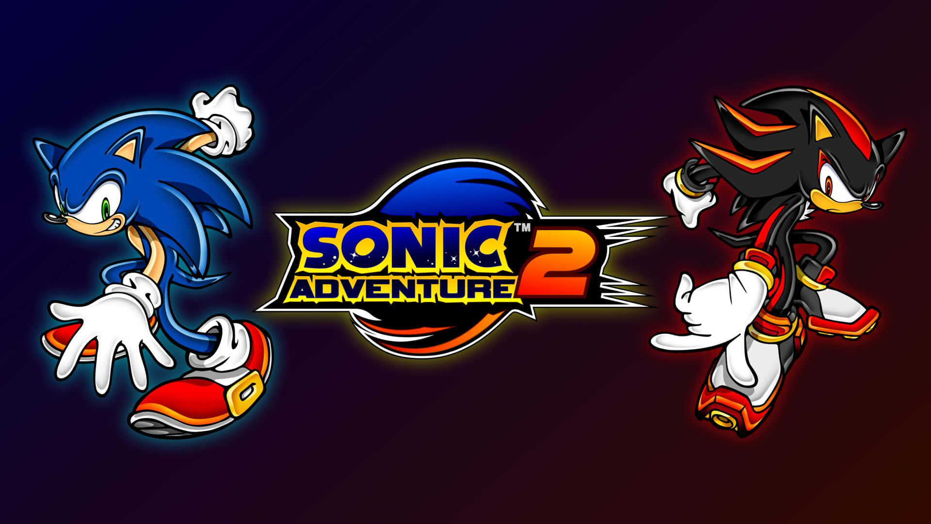 Sonic Adventure HD 桌布 壁紙 — Sonic 與 Shadow the Hedgehog 在深色漸變背景上，於 Sonic Adventure 2 標誌旁動感奔馳。