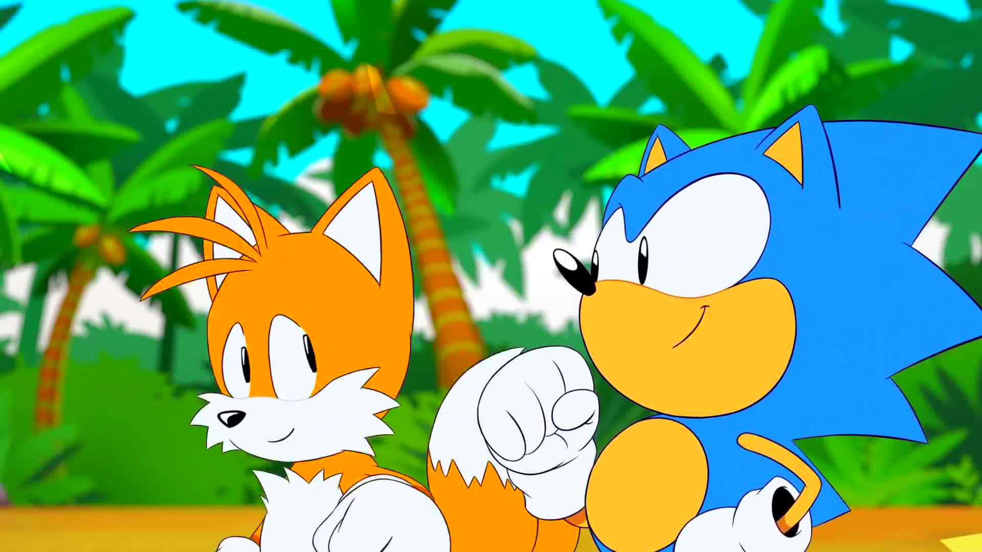 Sonic And Tails 桌布 壁紙 — Sonic 與 Tails 一起站在充滿活力的熱帶叢林中，背景有棕櫚樹和明亮的藍天。