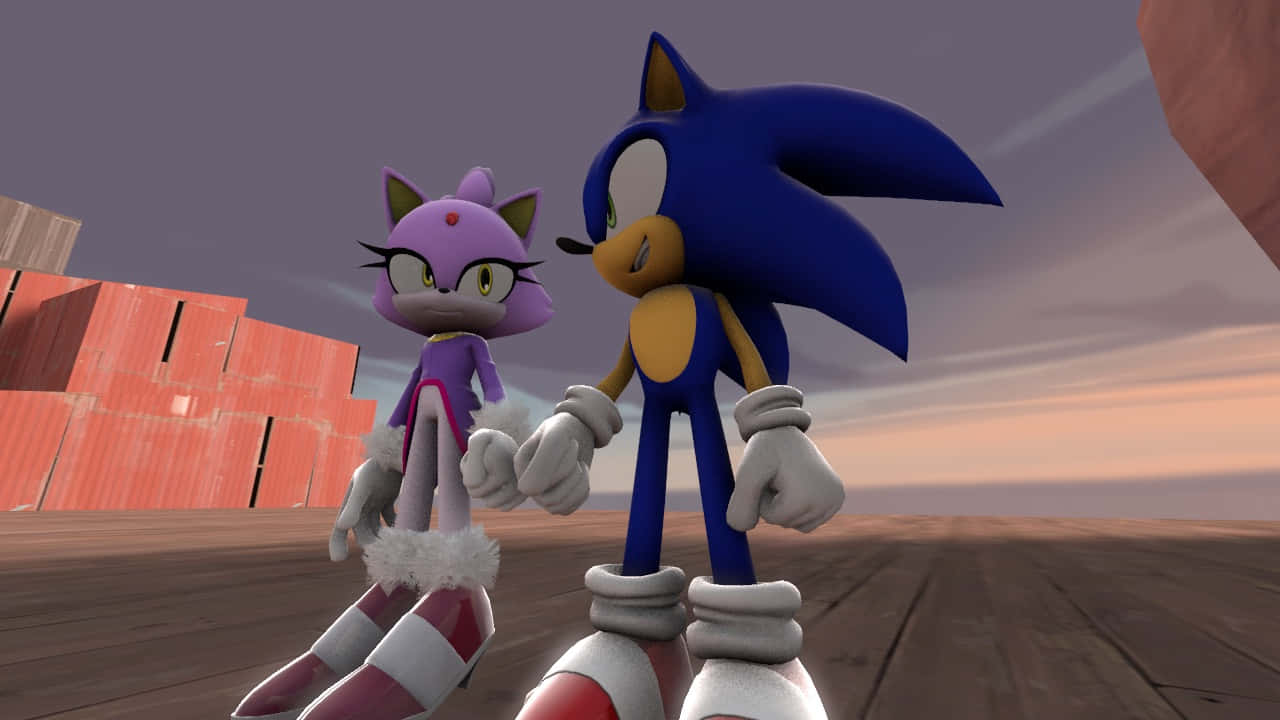 Sonic And Blaze 桌布 壁紙 — Sonic同Amy喺木製平台上面對面企，背景係昏暗嘅天空同紅色木箱。