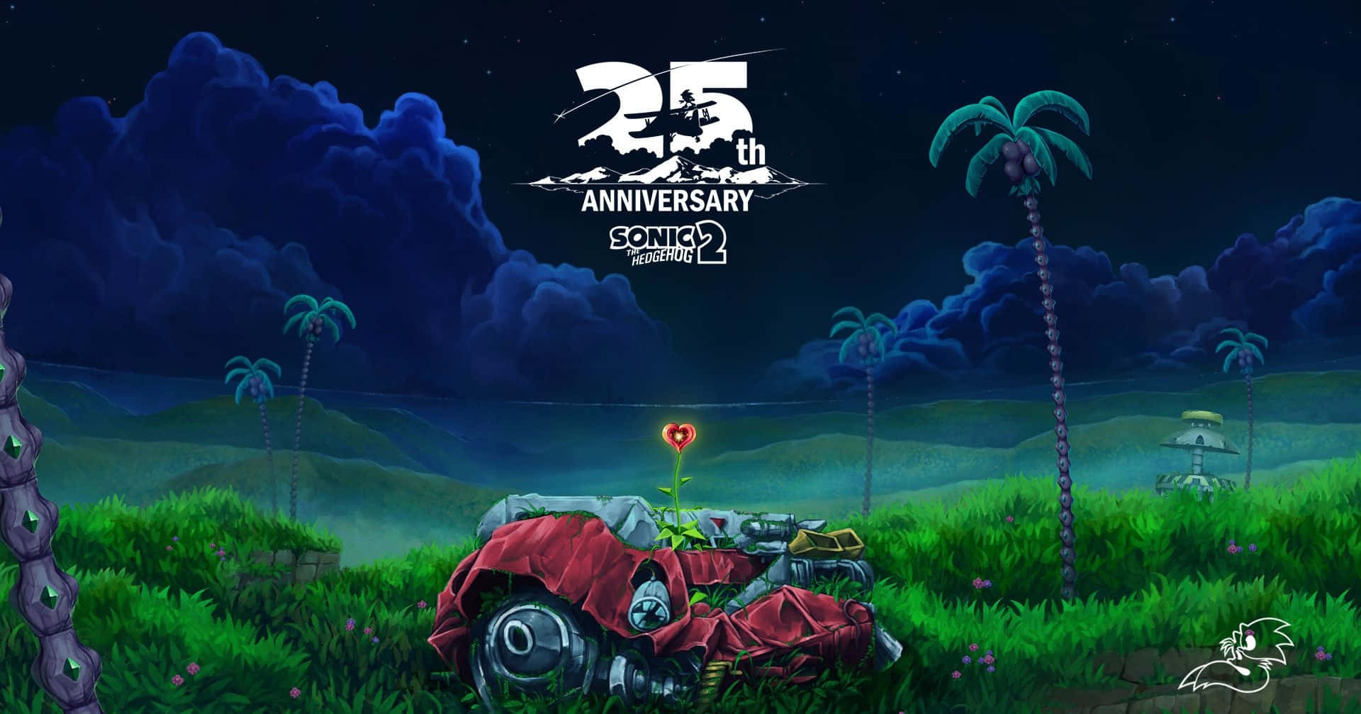 夜間草地上的一輛撞毀的紅色汽車，有棕櫚樹和發光的愛心花。