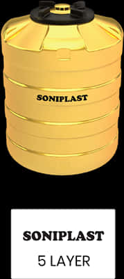 金色Soniplast五層水箱 壁紙 — 一個大型黃色Soniplast 5層塑膠水箱，配有黑色蓋子和品牌標誌，背景為黑色。