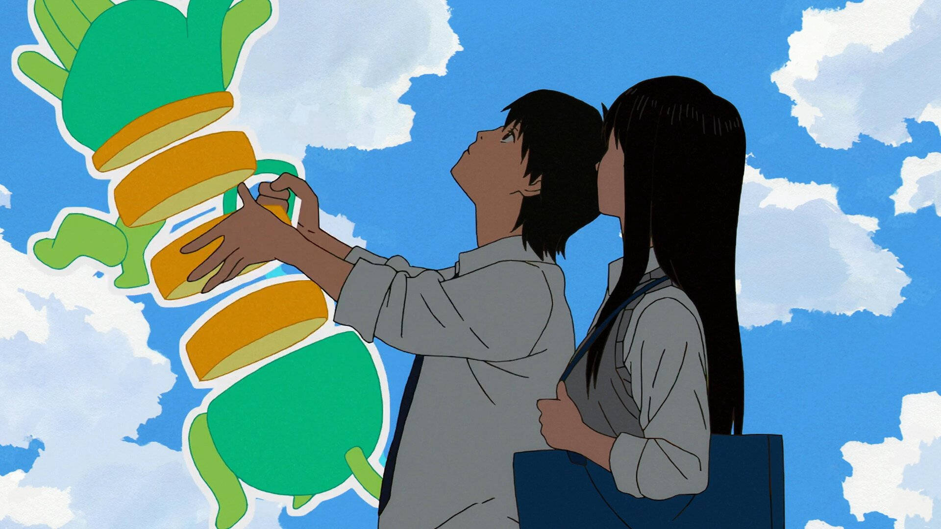 兩個動漫角色仰望漂浮在藍天上的綠色和橙色生物。