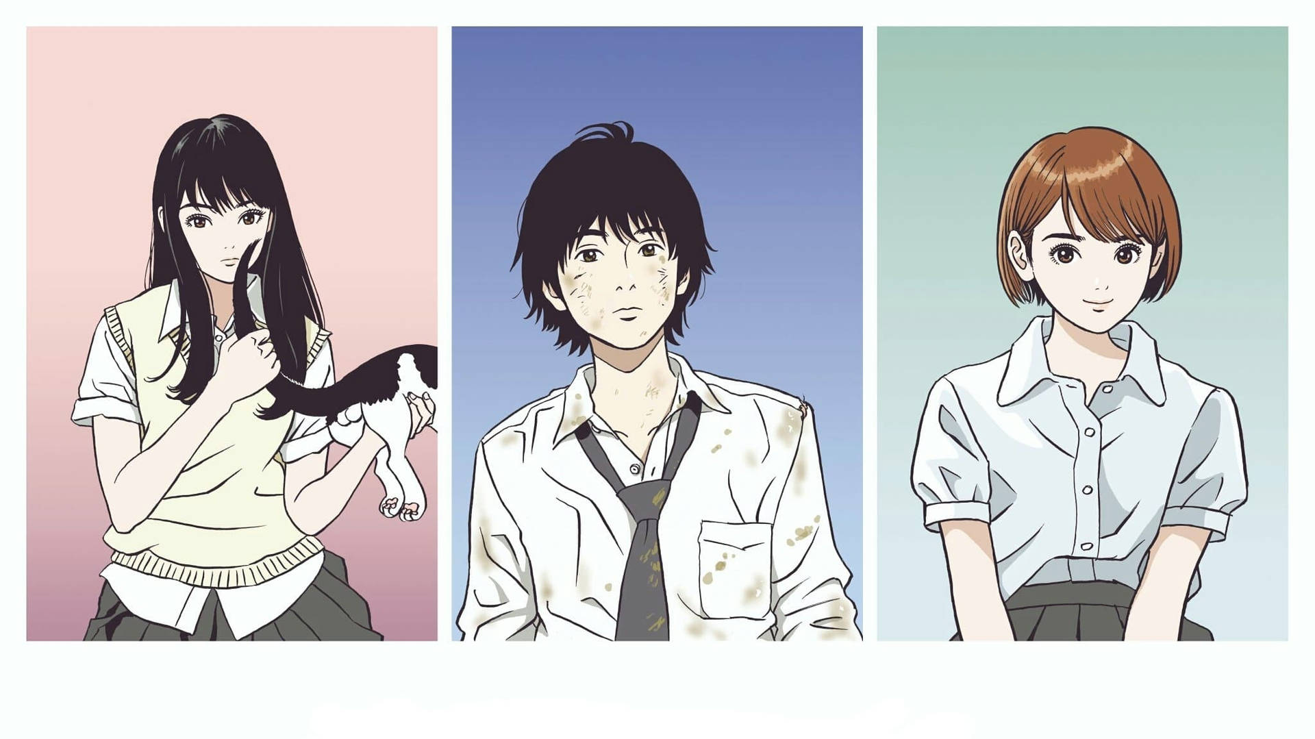 三個動漫青少年穿著校服，柔和背景和一隻貓。