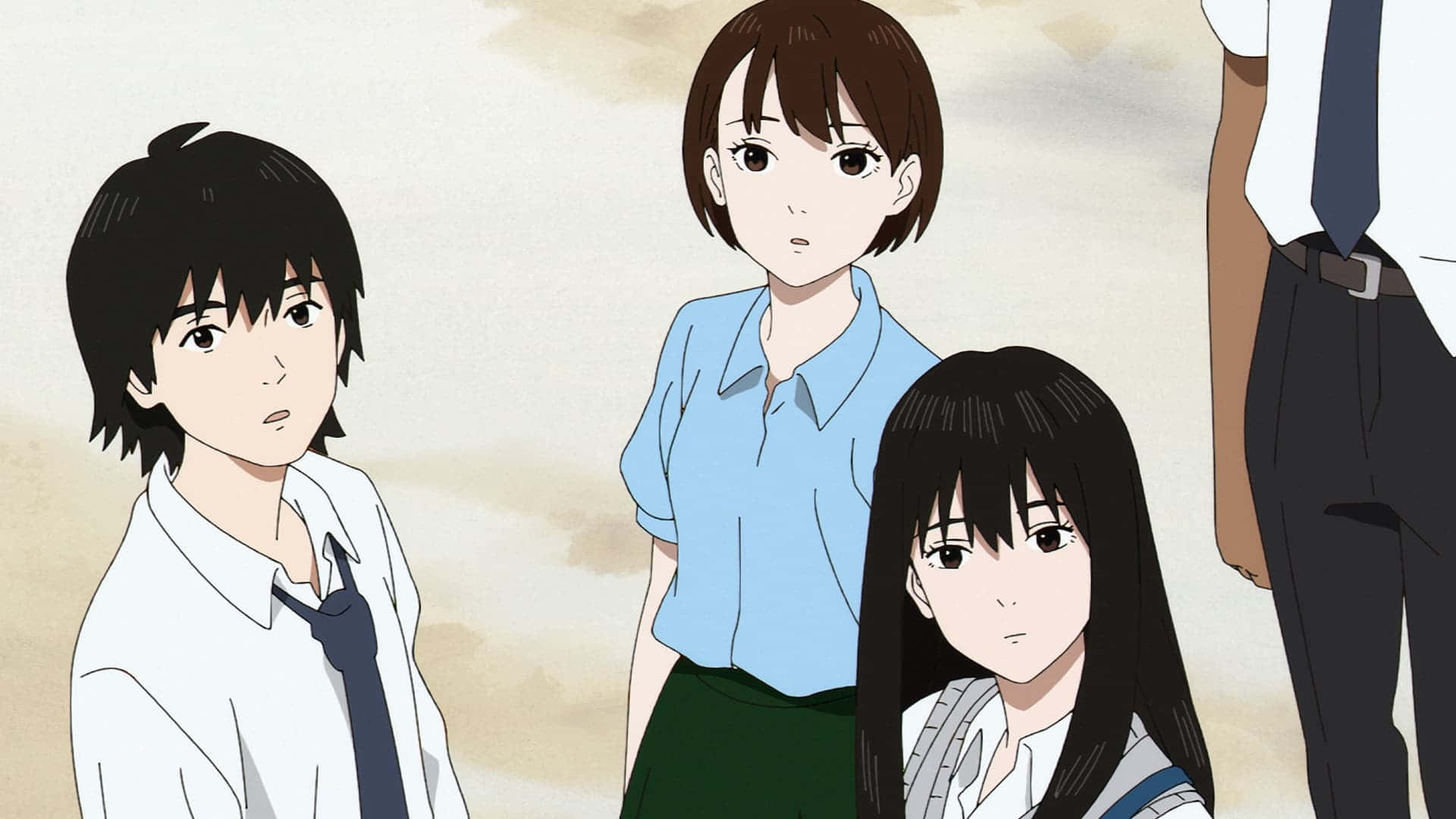 四名動畫學生穿著校服，表情嚴肅。