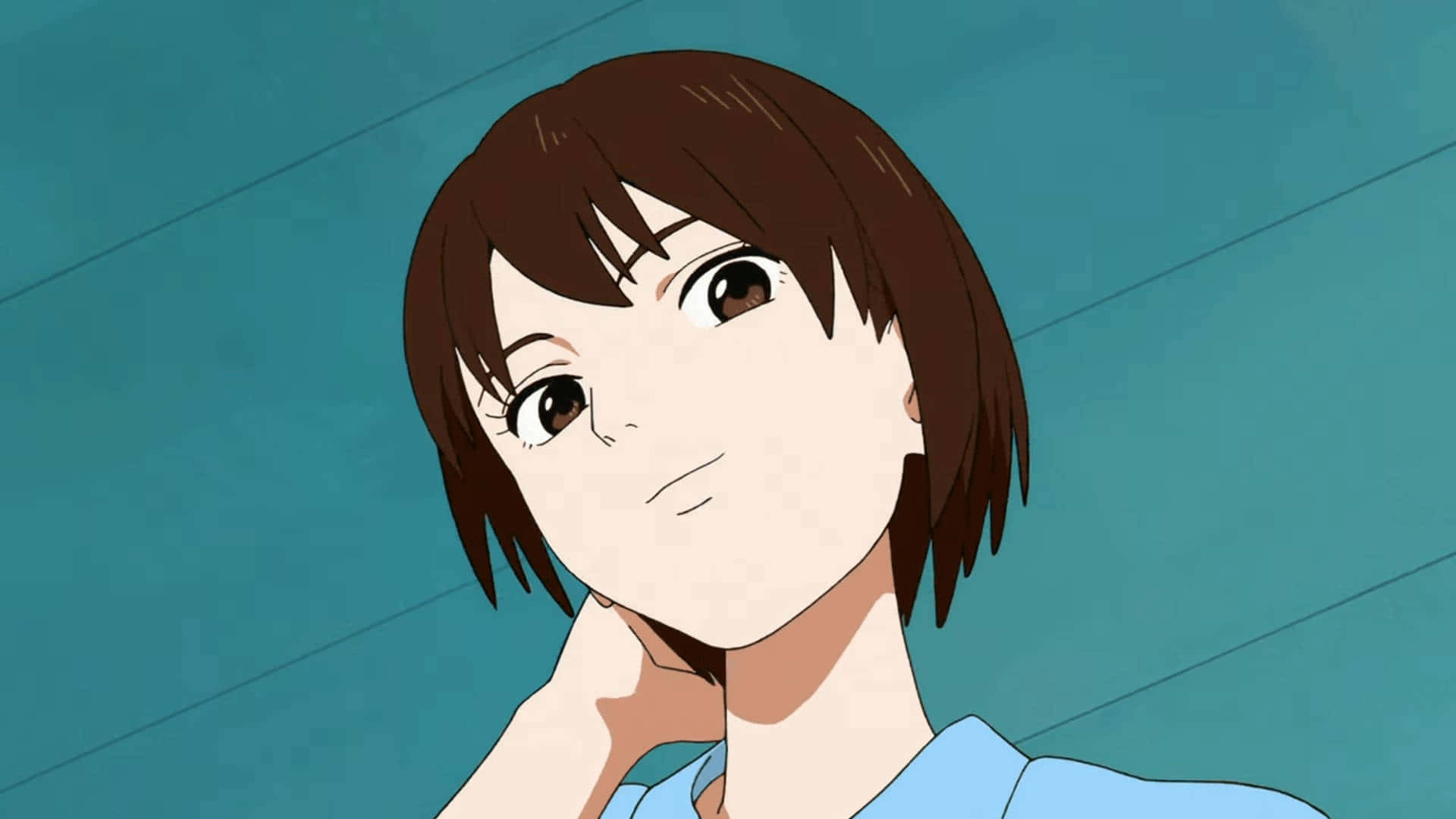 短棕髮的動漫女孩在青綠色背景下溫柔微笑