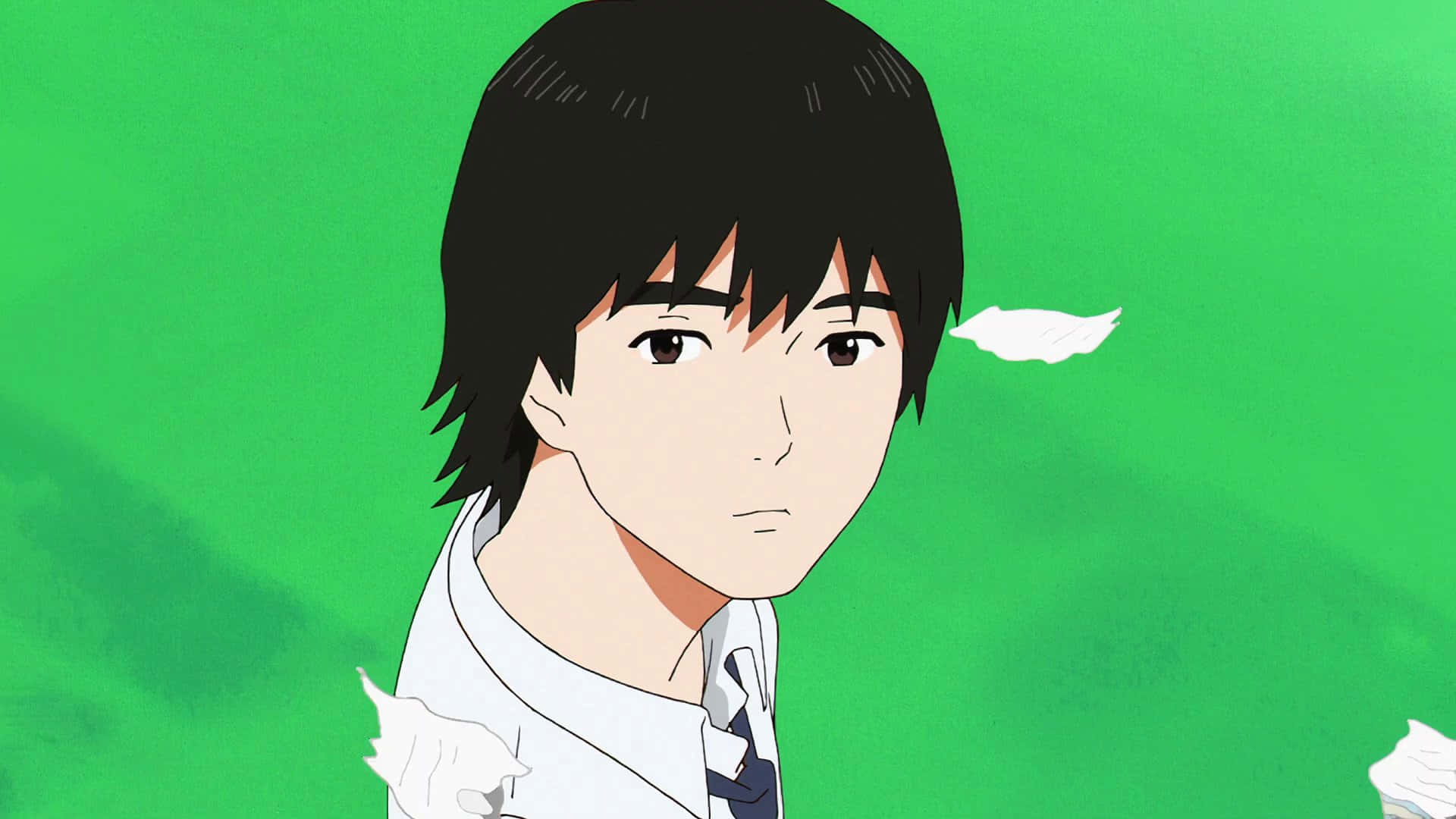 年輕動漫男孩穿著校服，白色羽毛在他周圍漂浮，背景為綠色。