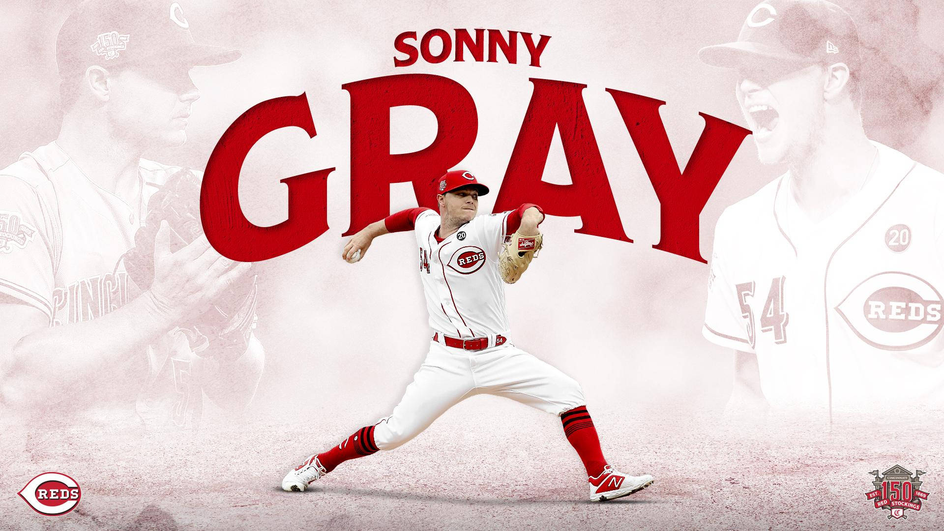 Sonny Gray 名字壁紙 壁紙 — 棒球投手桑尼·格雷穿著辛辛那提紅人隊制服，身後有粗體紅色文字，正在投球中。