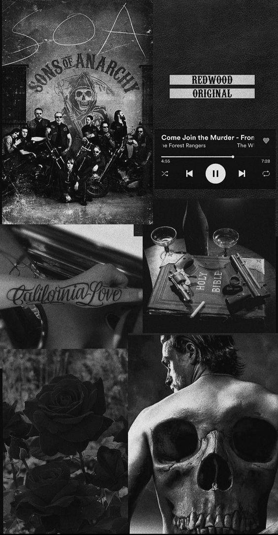 以 Sons of Anarchy 幫派、骷髏頭、玫瑰和音樂播放器為特色的黑白拼貼畫。