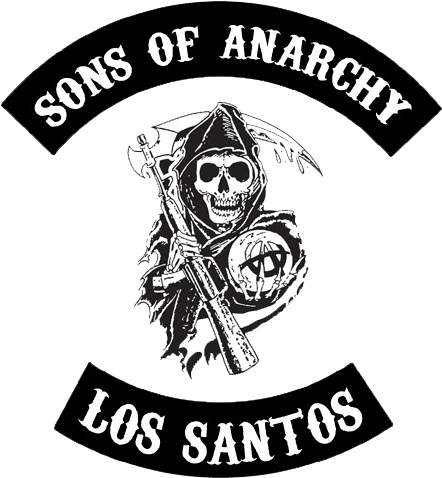 《 Sons of Anarchy 》洛聖都標誌 壁紙 — Sons of Anarchy 的黑白標誌，描繪一個死神手持突擊步槍，下方有「Los Santos」字樣。