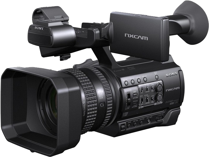 專業級 Sony NXCAM 攝影機 壁紙 — 專業黑色Sony NXCAM攝錄機，配備遮光罩和外置麥克風，背景透明。