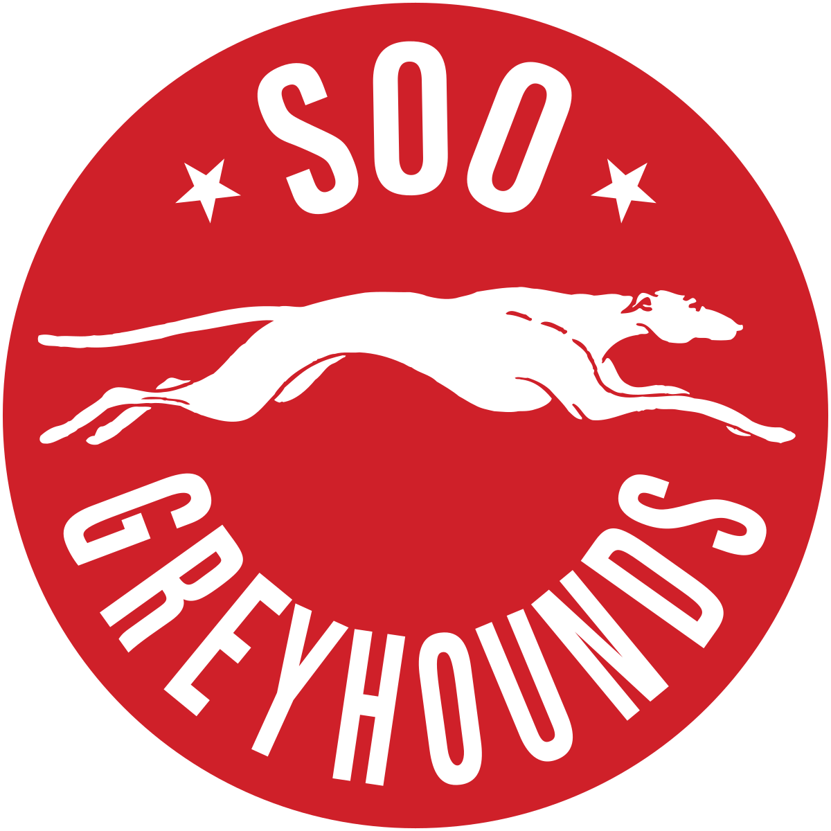 Soo Greyhounds 標誌 壁紙 — 一個大膽的紅色圓形標誌，以白色文字顯示「SOO」和「GREYHOUNDS」，並帶有一隻跳躍的灰狗的白色剪影。