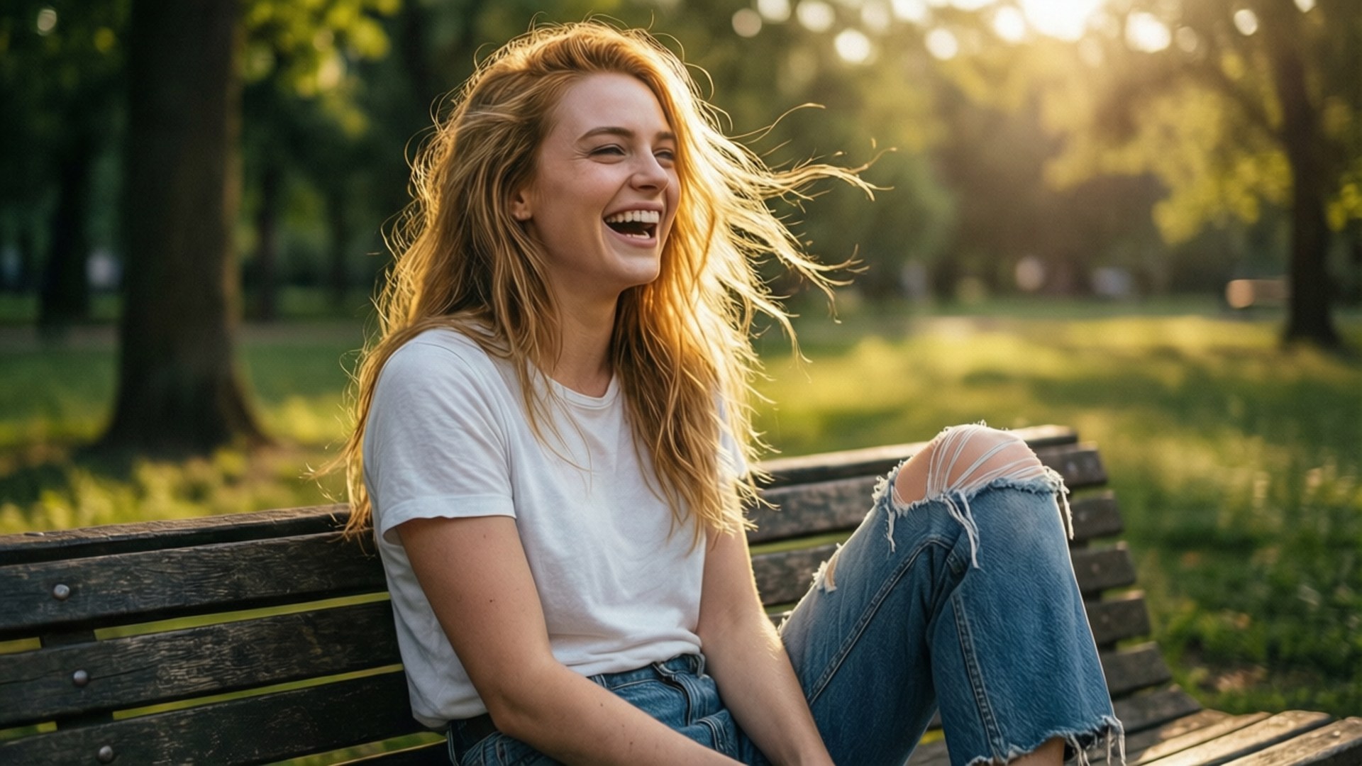 一位年輕女子在公園長椅上大笑，陽光透過她身後的樹木。