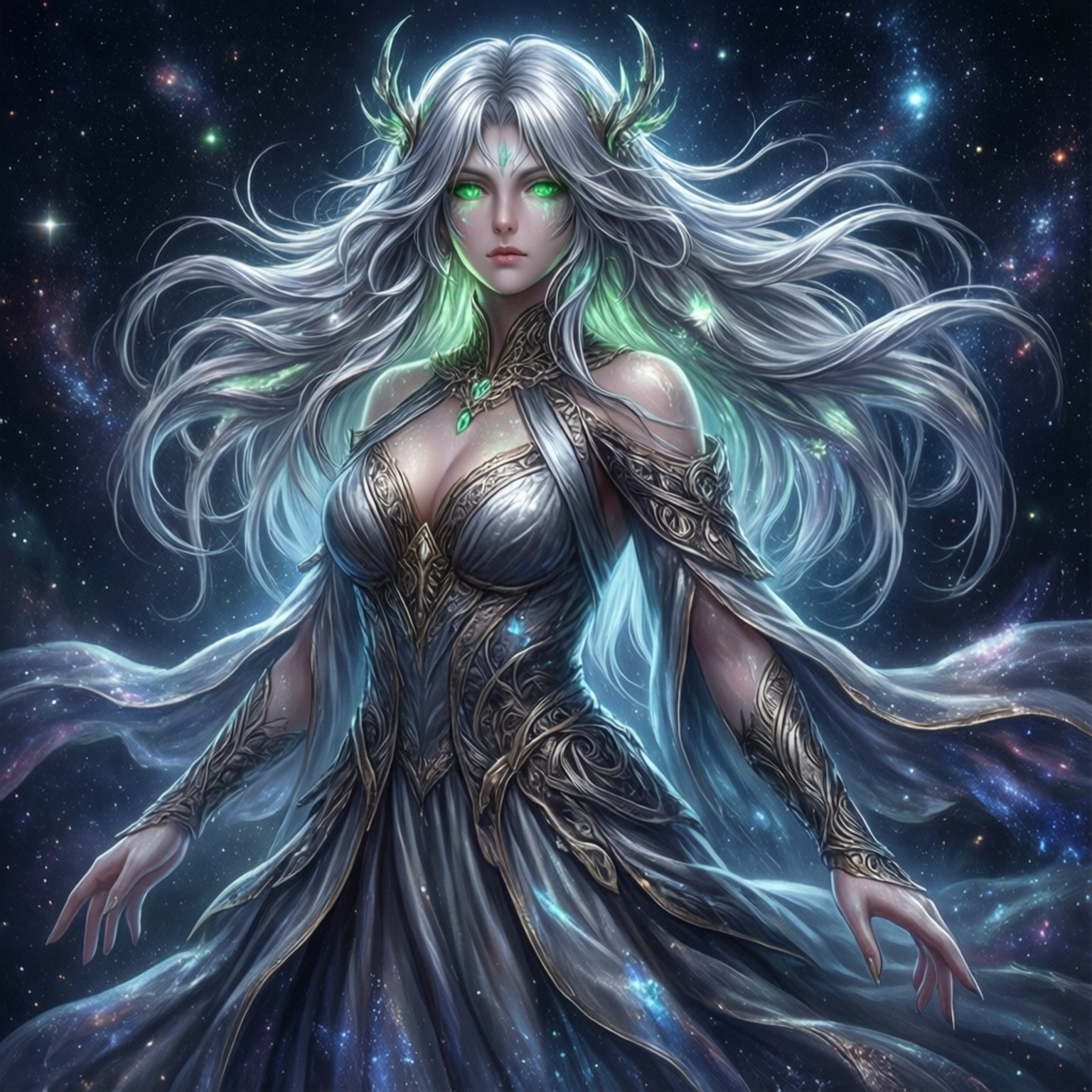 一位擁有發光綠色眼睛和銀色頭髮的女神漂浮在星光燦爛的宇宙場景中，身穿華麗的藍色和金色長袍。