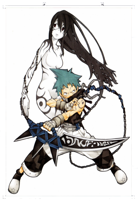 動畫雙人組《Soul Eater》 壁紙 — 一個兇猛的動漫男孩，有著青綠色頭髮，揮舞著鎖鏈劍，而一個高大的黑髮女人以動態姿勢站在他身後。